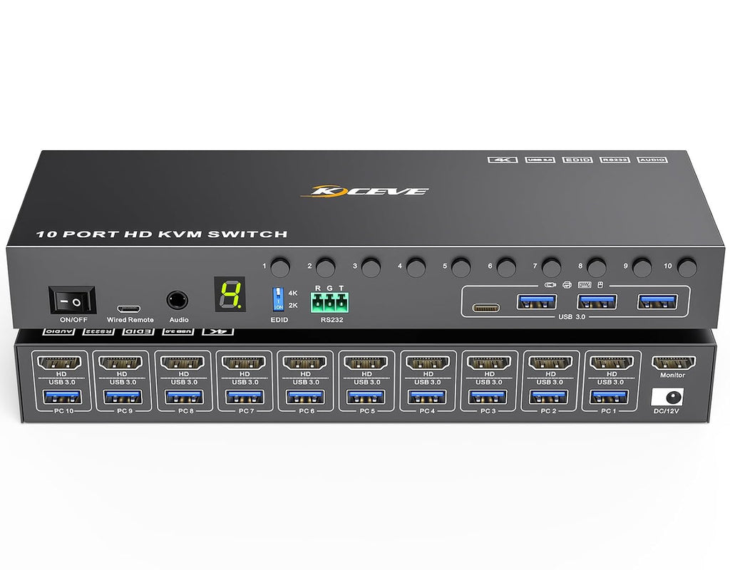 8 Port HDMI Displayport KVM Switch 2 Monitors 8 Computers 4K@60Hz EDID Simulation,8 PC Dual Monitor KVM Switch with 4 USB 3.0 Ports,Audio,RS232,with Wired Remote,12V Power Adapter and 8 USB Cable