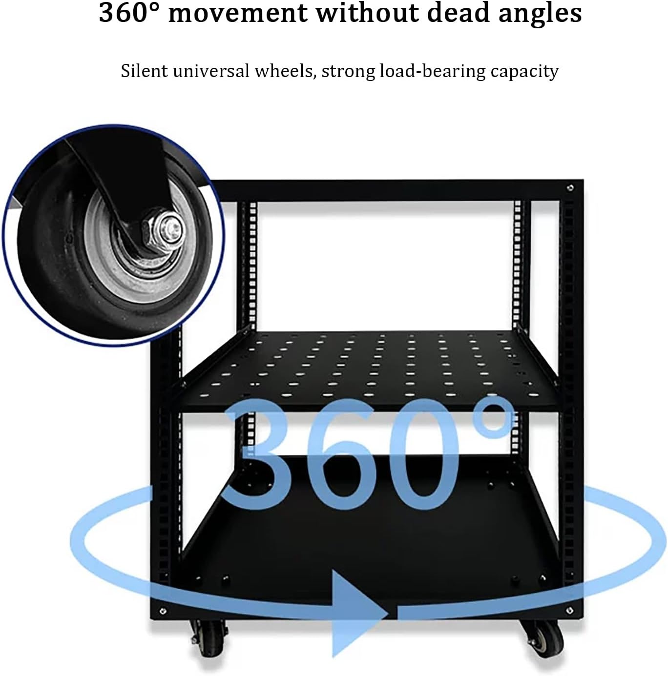 Adjustable Steel Audio Rack with Wheels, Movable Media Stand & Storage Cabinet, Black Entertainment Center, Height-Adjustable Shelves for AV & Video Equipment (50x45x59.4cm)