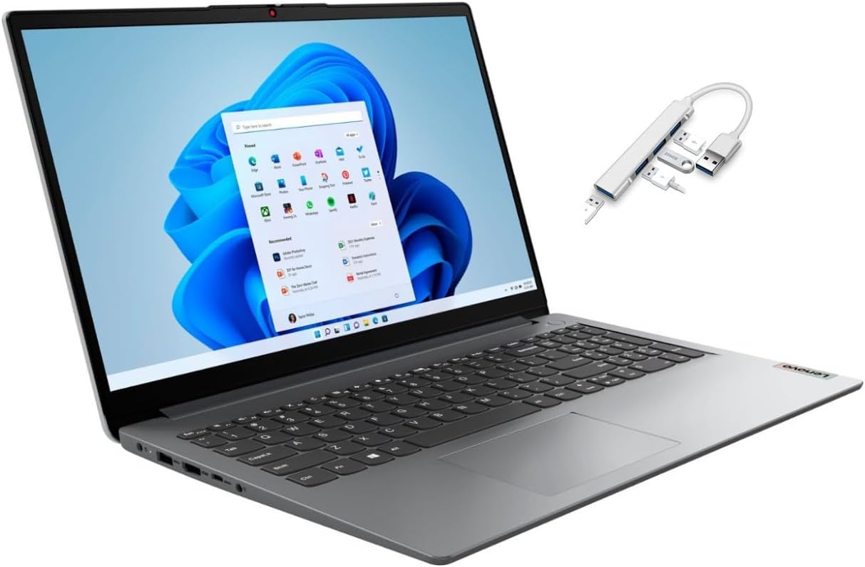 Lenovo Ideapad 1 15.6' HD Laptop | AMD Athlon Silver 7120U Processor | 4GB RAM DDR5| 128GB SSD | AMD Radeon Graphics | Windows 11 Home | Grey | Bundle with USB 3.0 Hub