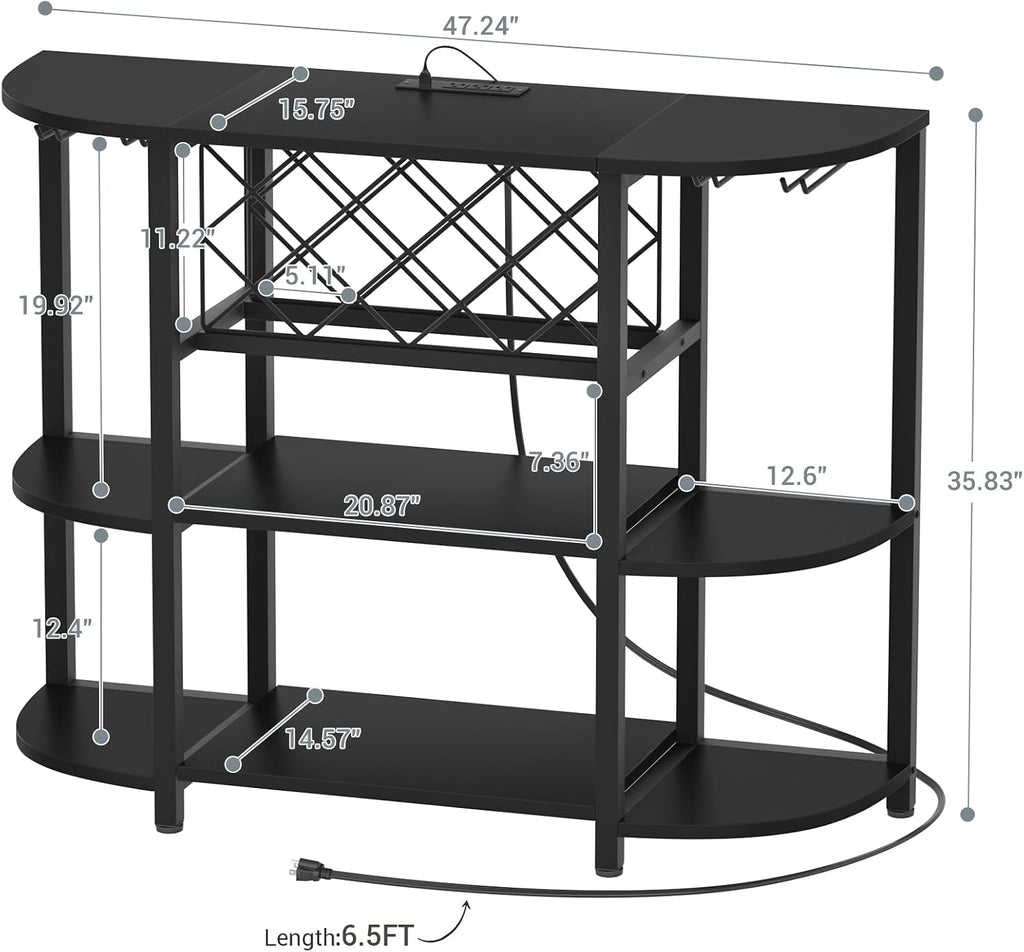 Unikito 4-Tier Metal Coffee Bar Cabinet with Outlet and LED Light, Freestanding Floor Bar Table for Liquor with Glass Holder and Wine Storage, Wine Table Bakers' Rack for Kitchen Dining Room, Black