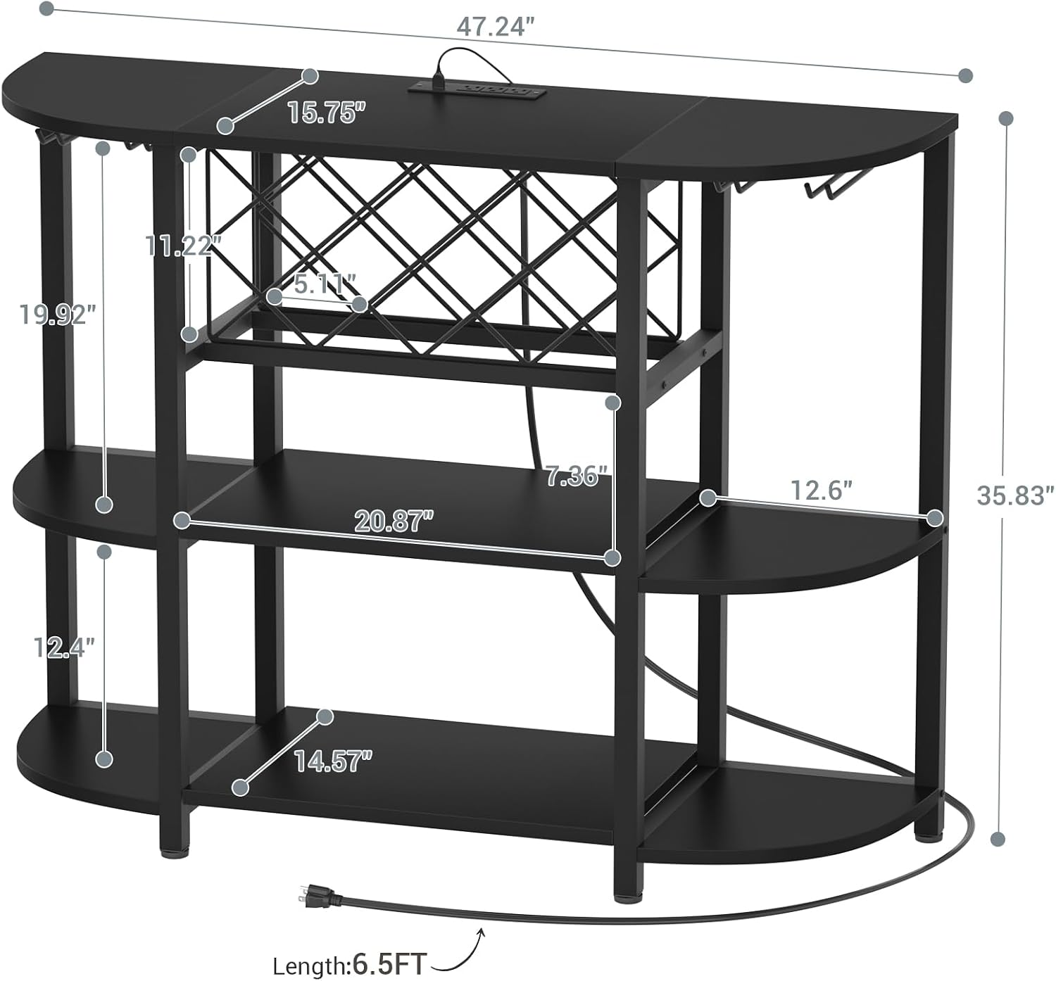 Unikito 4-Tier Metal Coffee Bar Cabinet with Outlet and LED Light, Freestanding Floor Bar Table for Liquor with Glass Holder and Wine Storage, Wine Table Bakers' Rack for Kitchen Dining Room, Black