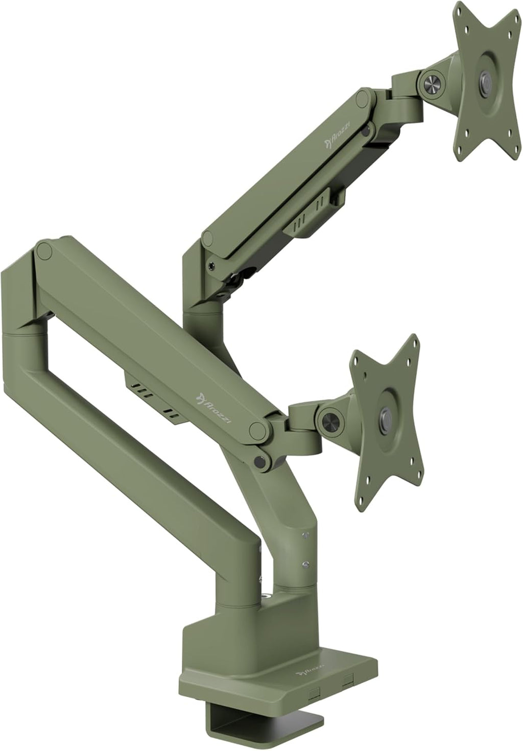 Arozzi Alzare Neo Duo Dual Gas Spring Monitor Arm - 2 Independent Arms, 17':34' Monitors, VESA 75/100, 360 Rotation, Up to 20 lbs Each, Cable Management, C-Clamp & Grommet Included - Forest Green