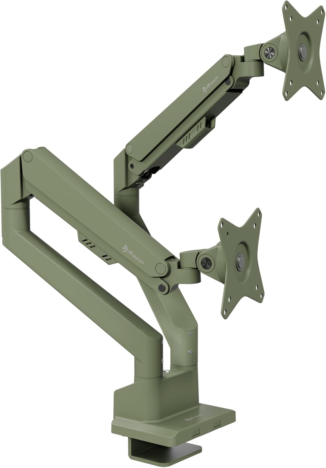 Arozzi Alzare Neo Duo Dual Gas Spring Monitor Arm - 2 Independent Arms, 17':34' Monitors, VESA 75/100, 360 Rotation, Up to 20 lbs Each, Cable Management, C-Clamp & Grommet Included - Forest Green