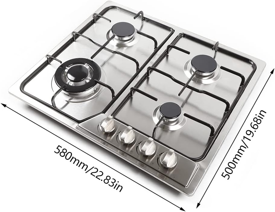Built-in Gas Cooktop, 4 Burner Gas Hob, Natural Gas Propane Stovetop, 23' Cook Stove with 4 Sealed Burners, Stainless Steel Gas Stove Top with Thermocouple Protection