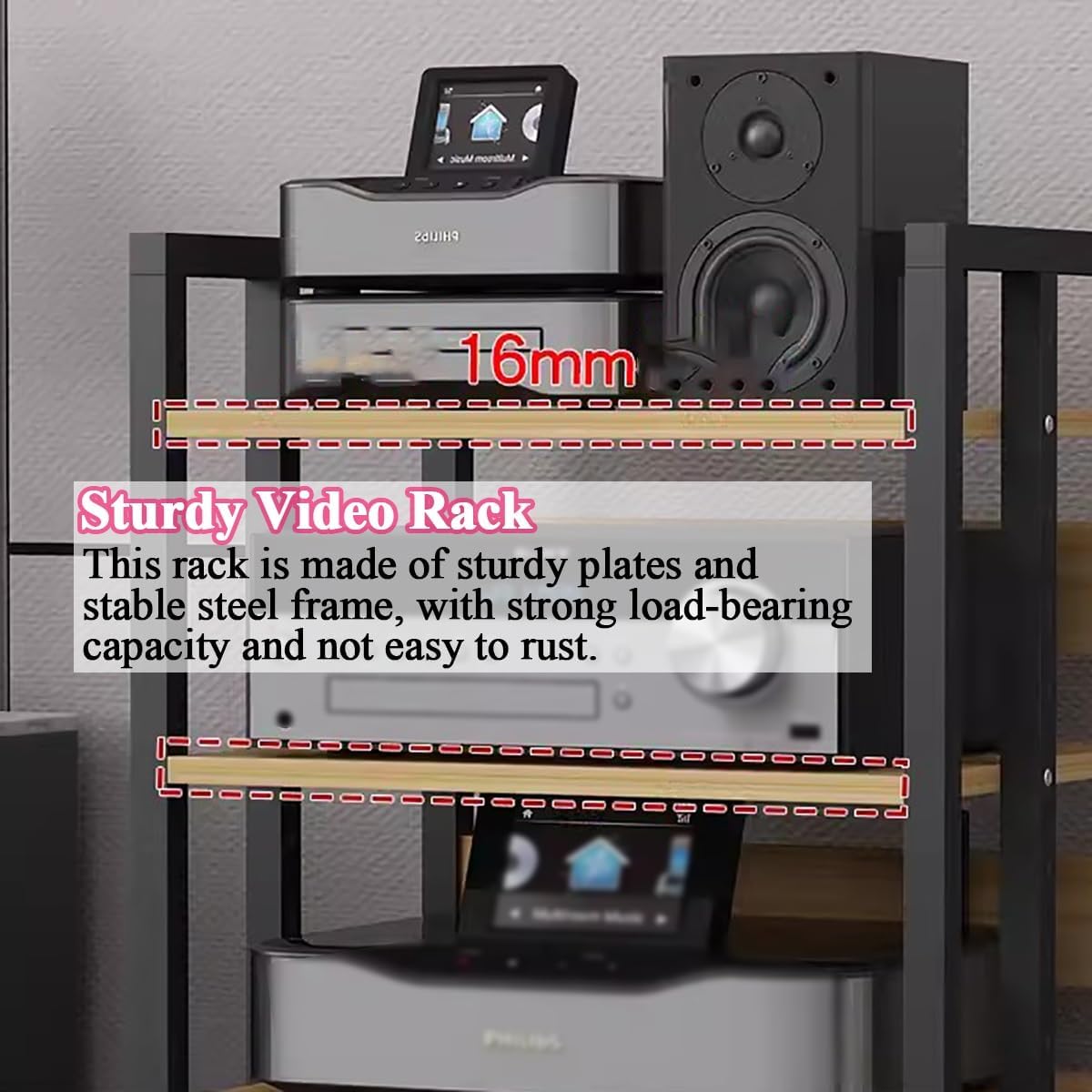 4 Tier Media Stand Component Storage Unit, Audio Video Equipment Rack, Wooden Stereo Receiver Shelf Record Player For Home Theater Club Office