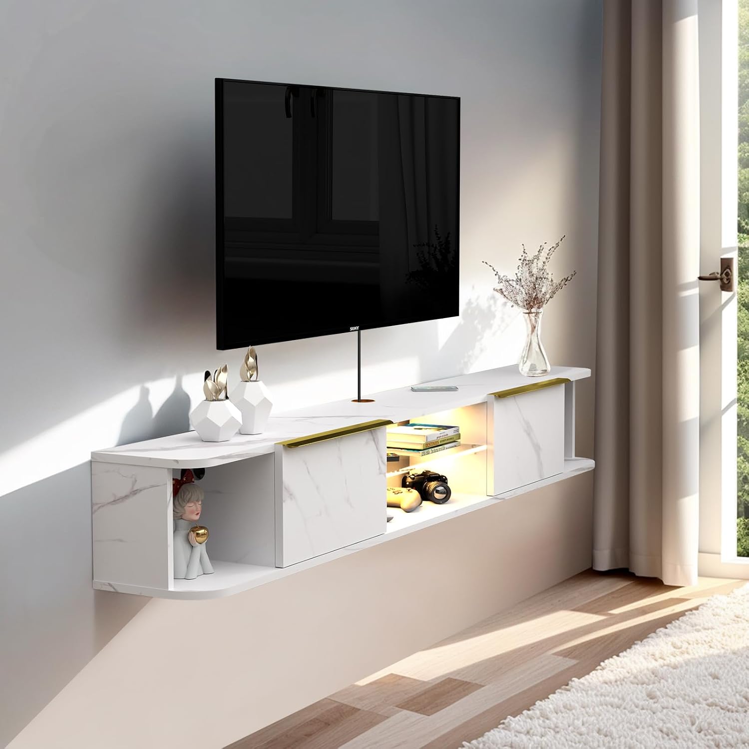 Pmnianhua LED Floating TV Stand with 2 Drawers,70'' Floating TV Shelf with LED Lights,Wall Mounted Media Console,Floating Entertainment Center with Storage for Bedroom Playroom Living Room(White)
