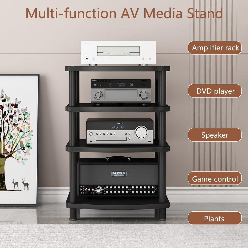 4-Tier AV Media Stand Audio Rack Tower Adjustable Height TV Game Console Equipment Shelf CD Record Player Stereo Component Rack Cabinet for Home Theater Studio,Brown,3 Tier