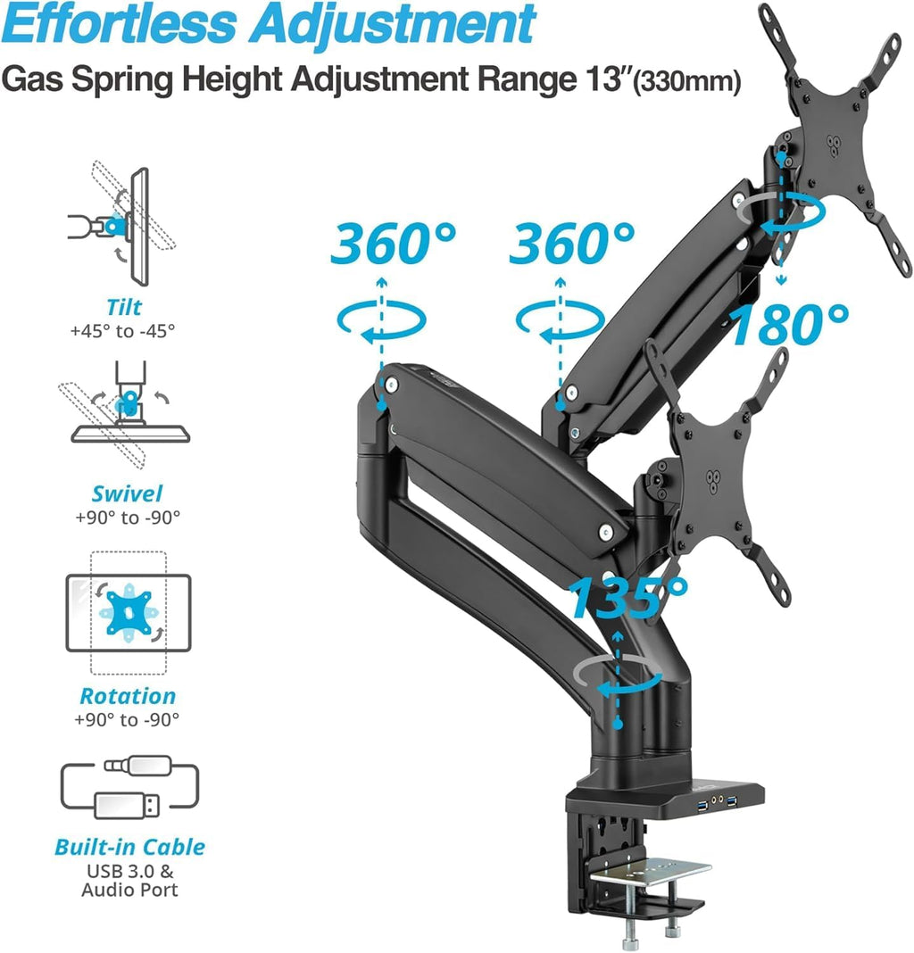 AVLT Dual Monitor Arm Desk Mount for 13'–43' Flat/Curved Screens with USB-A Pass-Through, Full Motion Height Adjustable Swivel Tilt Rotation VESA/C-Clamp/Grommet/Cable Management, Black