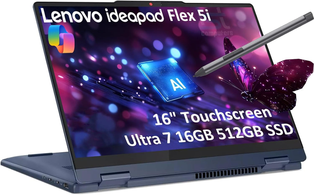Lenovo IdeaPad Flex 5i 2-in-1 Laptop (16' FHD+ Touchscreen, Intel Ultra 7 Gen 2 255U, 16GB RAM, 512GB SSD, Digital Pen, 12-Core(>i7-1355u)) AI PC for Creator, Designer, IR Webcam, Backlit, Win 11 Home