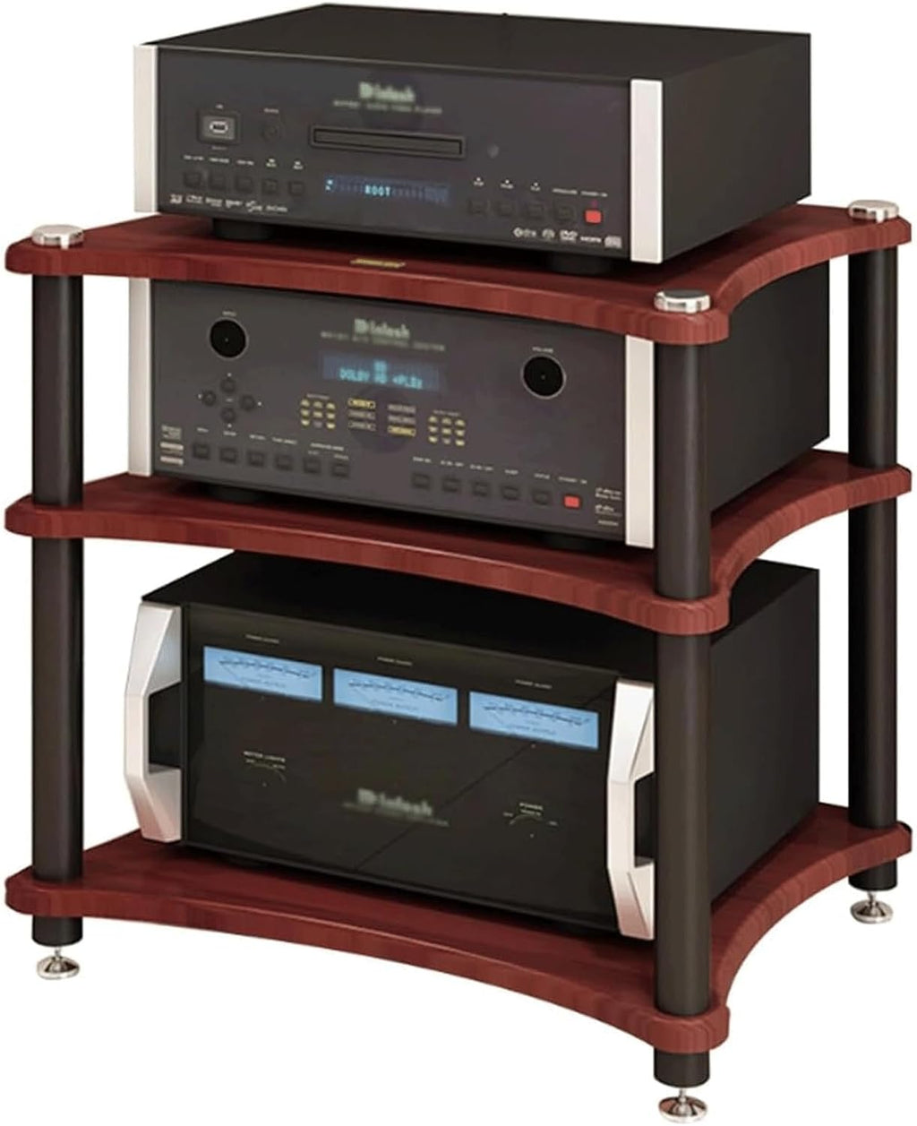 Audio Rack Steel Stereo Rack Audio Equipment Rack Audio Stereo Shelf Wooden Open Audio-Video Shelving with Shock-Absorbing Feet(Rot,3 Tier)
