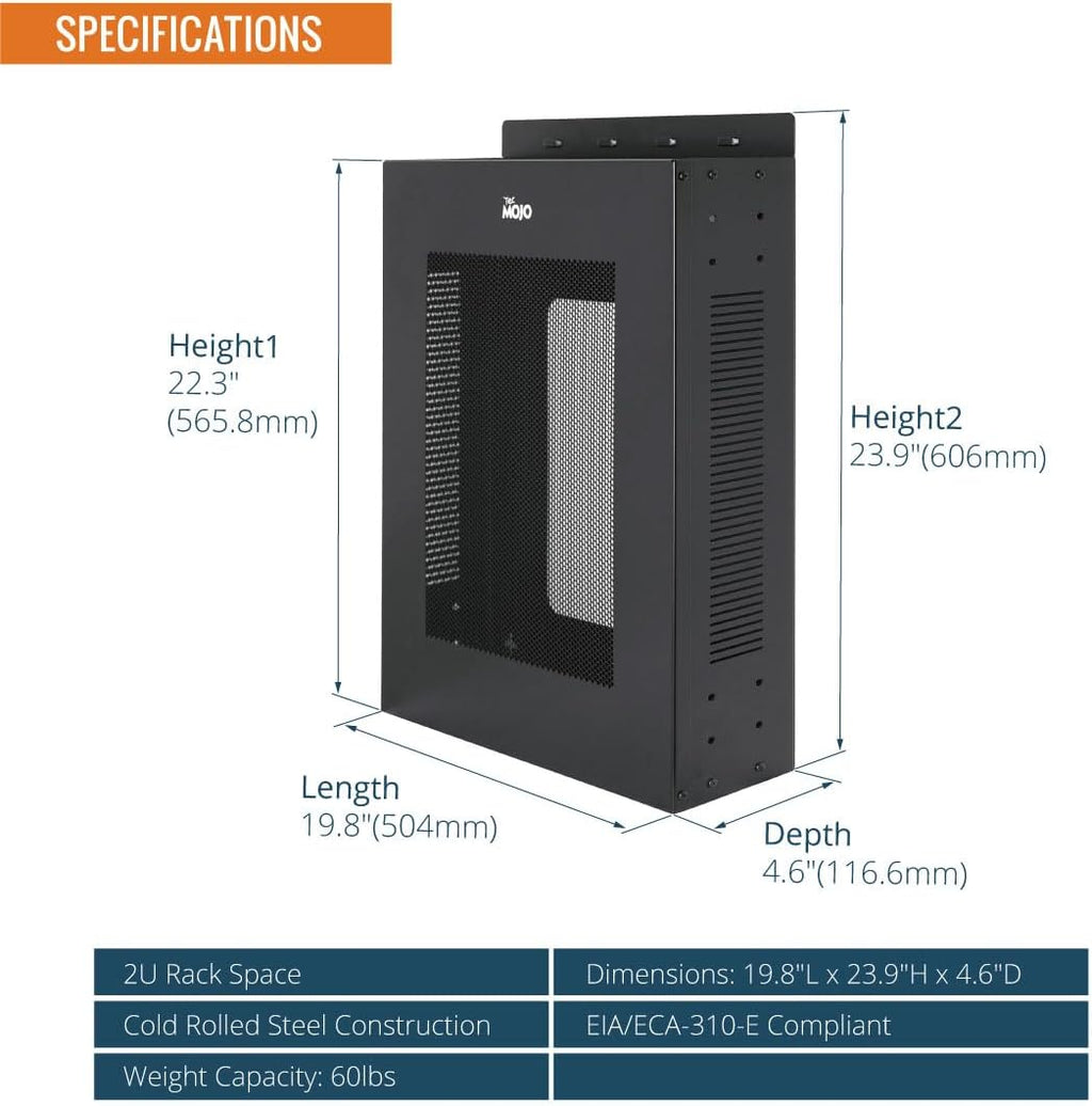 Tecmojo 2U Vertical/Horizontal Wall Mountable Server Rack, with Vented Enclosure for 19' IT Equipment, Cable Modems, Telecom, A/V, Black