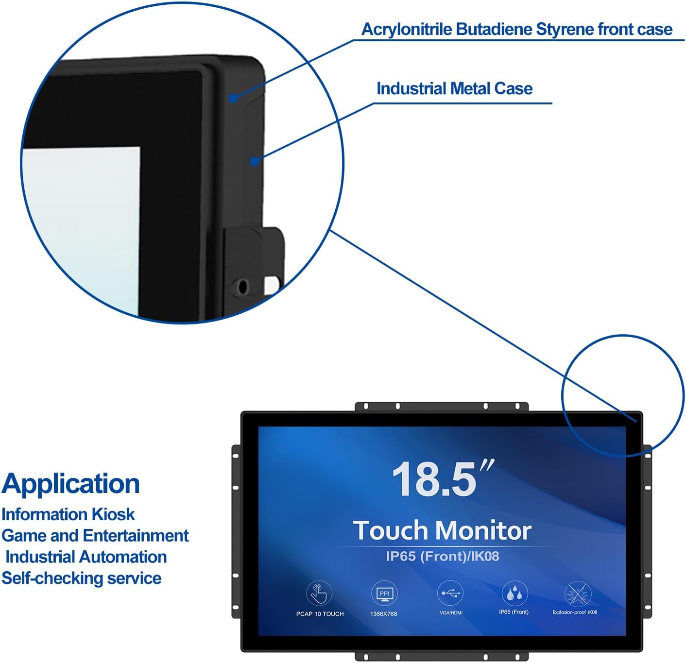 GreenTouch 18.5 Industrial Touch Monitor Open Frame, HDMI/VGA/DVI Interface, Built-in Speakers, Capacitive Touch Screen Technology