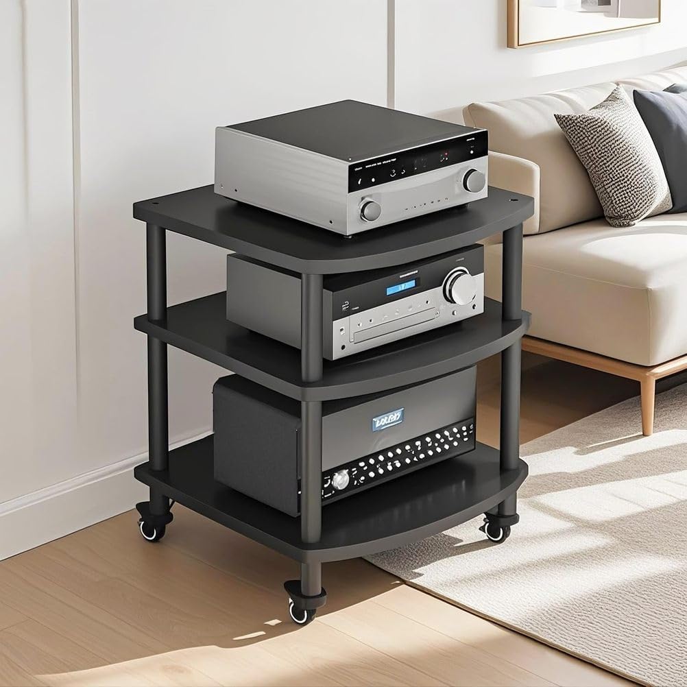 4-Tier AV Media Stand Audio Rack Tower Adjustable Height TV Game Console Equipment Shelf CD Record Player Stereo Component Rack Cabinet for Home Theater Studio,Black (with Wheels),3 Tier