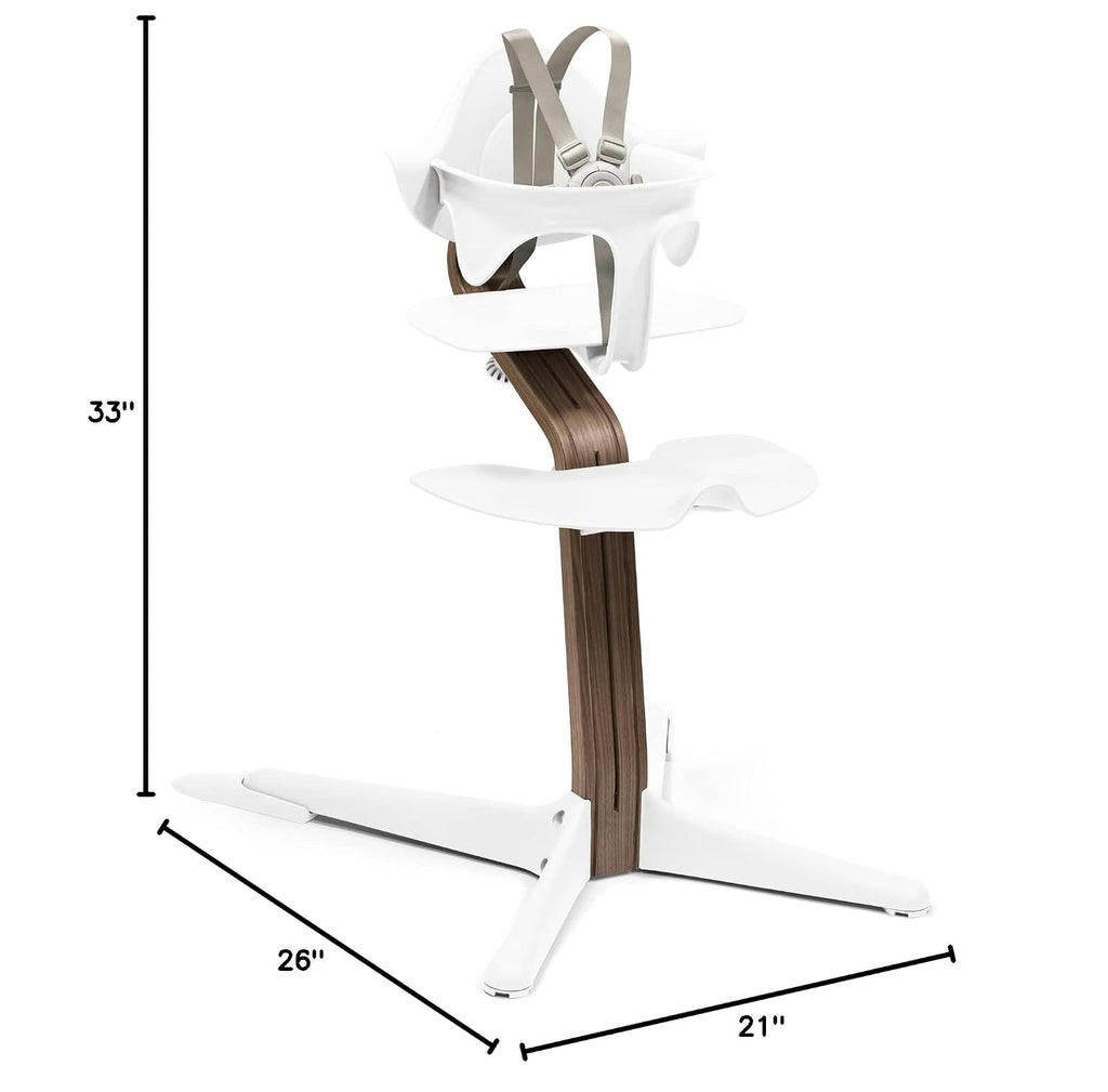 Stokke Nomi High Chair, White/Walnut - Inspires Active Sitting - Tool-Free, Seamless Adjustability - Includes Baby Set with Removable Harness for Children 6-24 Months