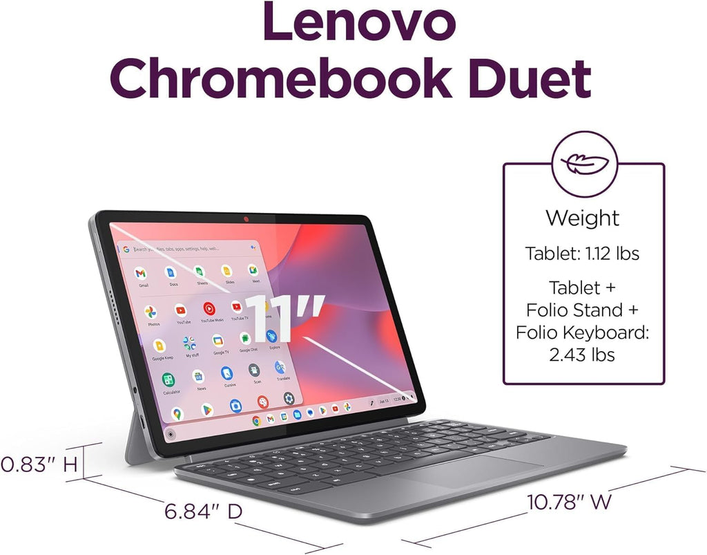 Lenovo Chromebook Duet Gen 9 11' FHD+ 2-in-1 Touchscreen Tablet Laptop (8-Core MediaTek Kompanio 838, 4GB, 320GB Storage (64GB+256GB SD), Detachable Keyboard) 8MP Webcam, IST HUB, Wi-Fi 6, Chrome OS