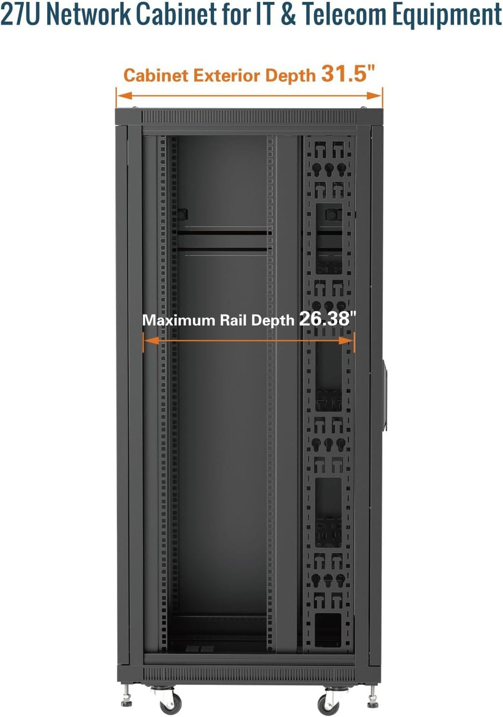 Tecmojo Network Rack Cabinet,27U Server Rack,31.5 Inch Depth,Hold Up to 1800Lbs,Lockable Cabinet with Casters and Complete Accessories,Clear Door,for Home,Office,Small Business (27U 23.6' w*31.5' d)