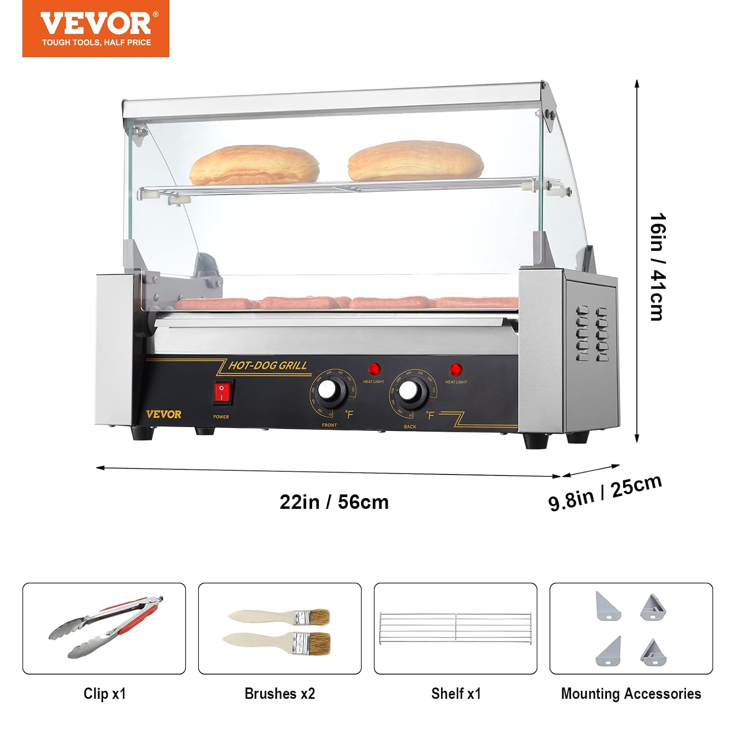 VEVOR Hot Dog Roller 5 Rollers 12 Hot Dogs Capacity, 750W Stainless Sausage Grill Cooker Machine with Dual Temp Control Glass Hood Acrylic Cover Bun Warmer Shelf Removable Oil Drip Tray ETL Certified