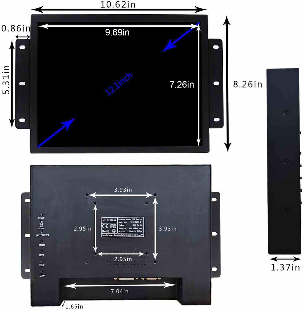 VSDISPLAY 12.1 Inch 10 Points Touch Screen Industrial LCD Monitor 1024x768 4:3 Aspect Ratio Display with Wall Mounting Brackets,Supports VGA DVI Input