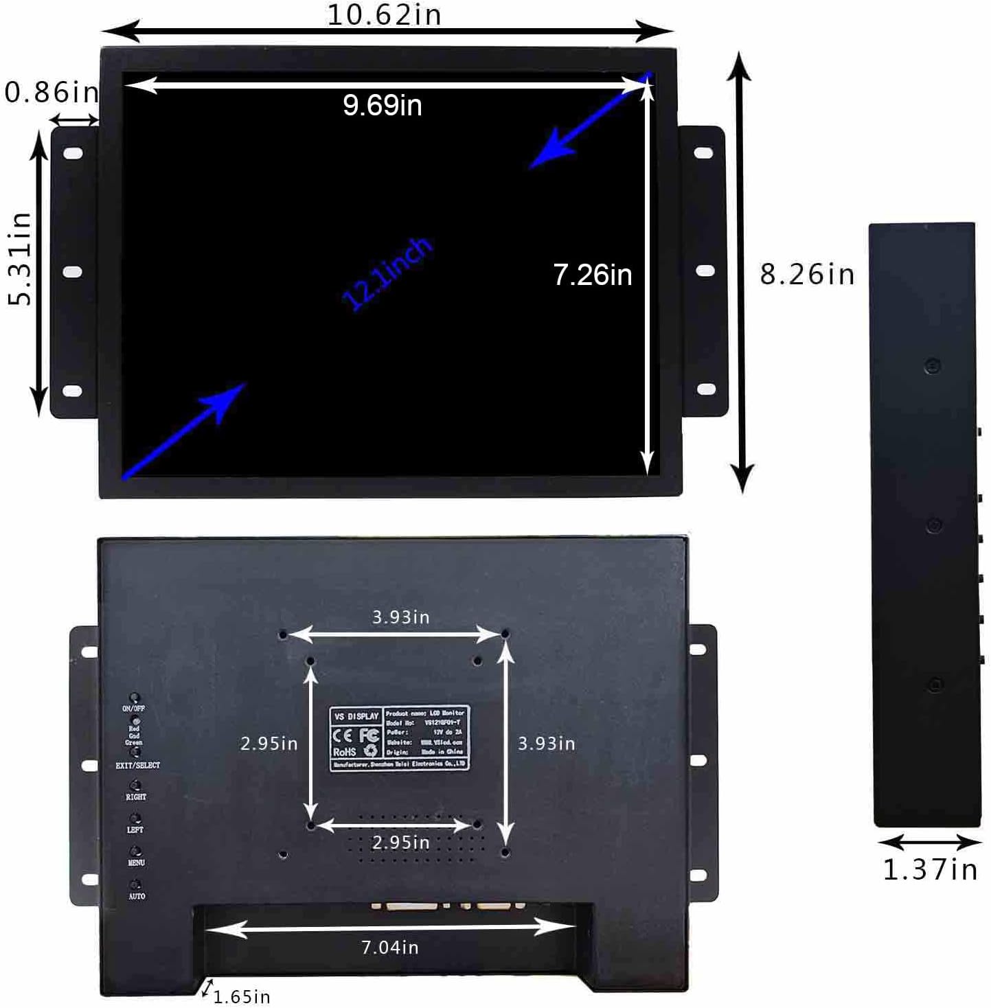 VSDISPLAY 12.1 Inch 10 Points Touch Screen Industrial LCD Monitor 1024x768 4:3 Aspect Ratio Display with Wall Mounting Brackets,Supports VGA DVI Input