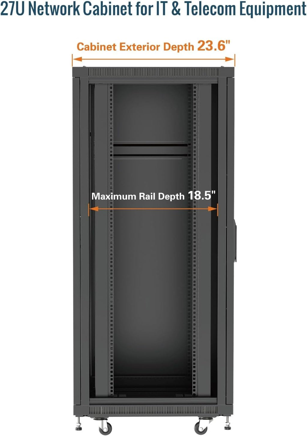 Tecmojo Network Rack Cabinet,27U Server Rack,23.6 Inch Depth,Hold Up to 1800Lbs,Lockable Cabinet with Casters and Complete Accessories,Mesh Door,for Home,Office,Small Business (27U 23.6' w*23.6' d)