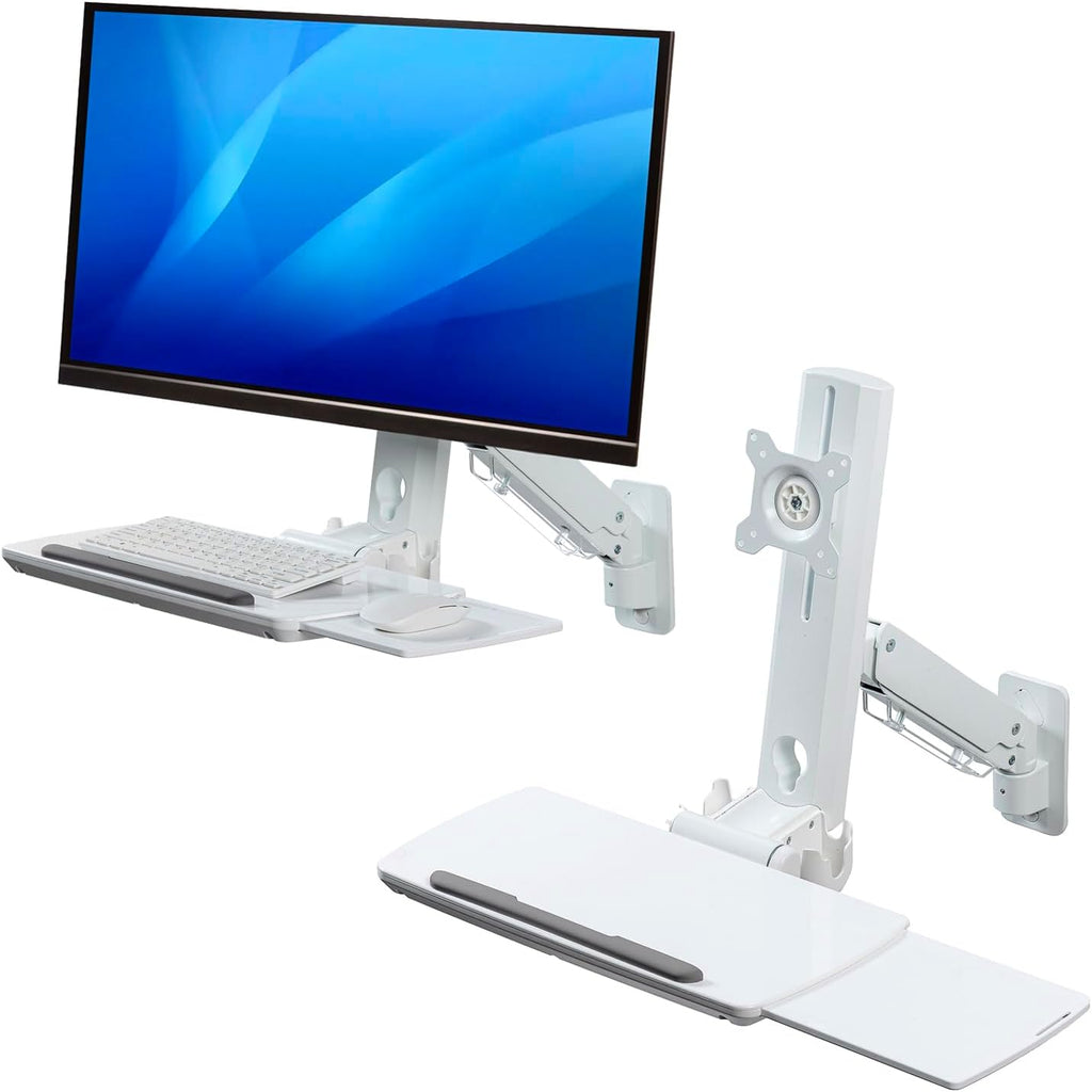 MyGift Wall Mounted White Metal Medical Grade Monitor Screen Workstation with Height Adjustable Arm, Keyboard & Extension Tray & Mouse Holder for Healthcare and Dental Clinics, Fits up to 35' Monitor