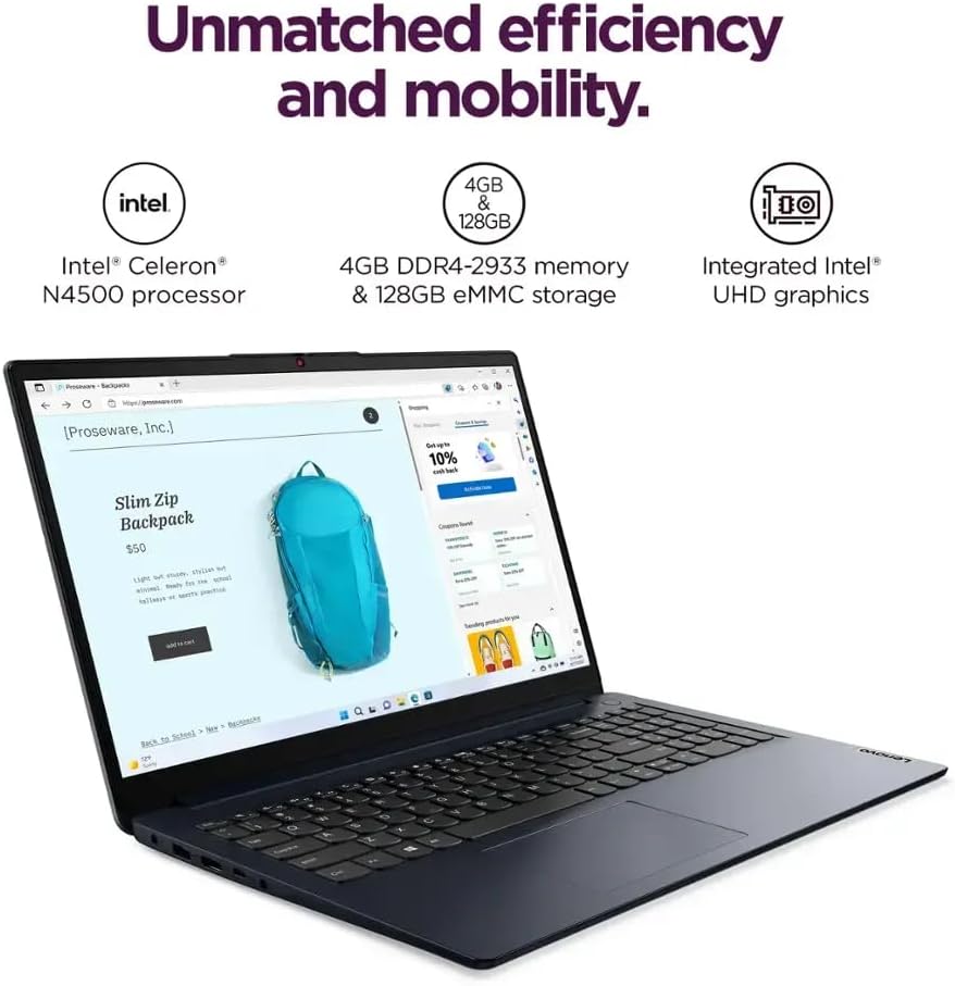 Lenovo Ideapad 1 15.6' HD Laptop, Intel Celeron N4500, 4GB DDR4, 128GB eMMC, W11HS, One-Year Microsoft Office 365, Abyss Blue, 82LX00D3US (Renewed)