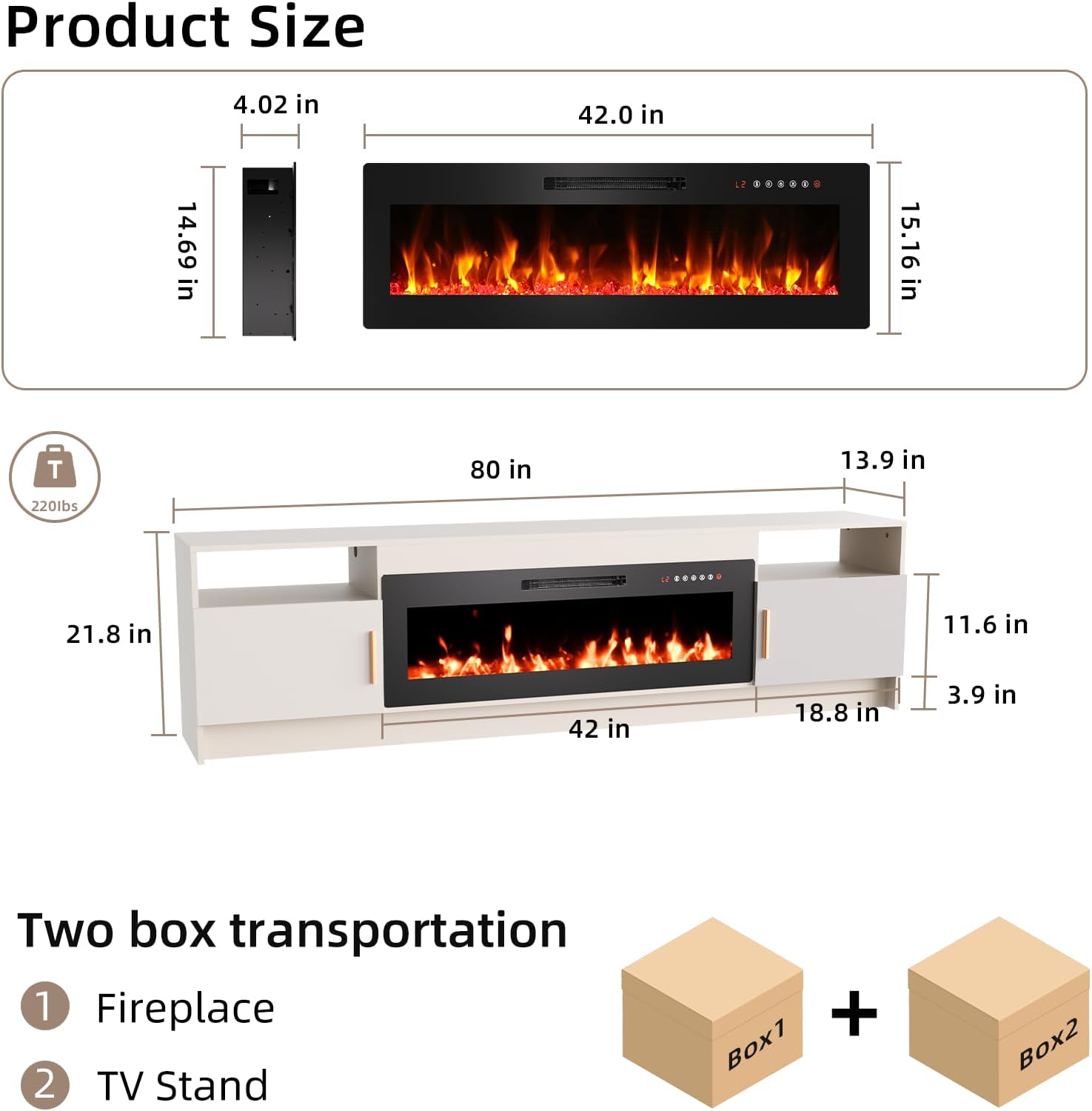 EAG 80' Electric Fireplace TV Stand with 42 inch Fireplace Up to 90' TVs, Entertainment Center with with Storage Cabinet & LED Lights, Modern Media Console for Living Room, White