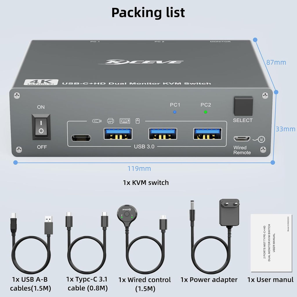 KCEVE KVM Switch 2 Monitors 2 Computers USB C HDMI, Dual Monitor USB 3.0 USB Typc C KVM Switcher Supports 4K@60Hz for 2 Computers Share Keyboard, Mouse and Monitor