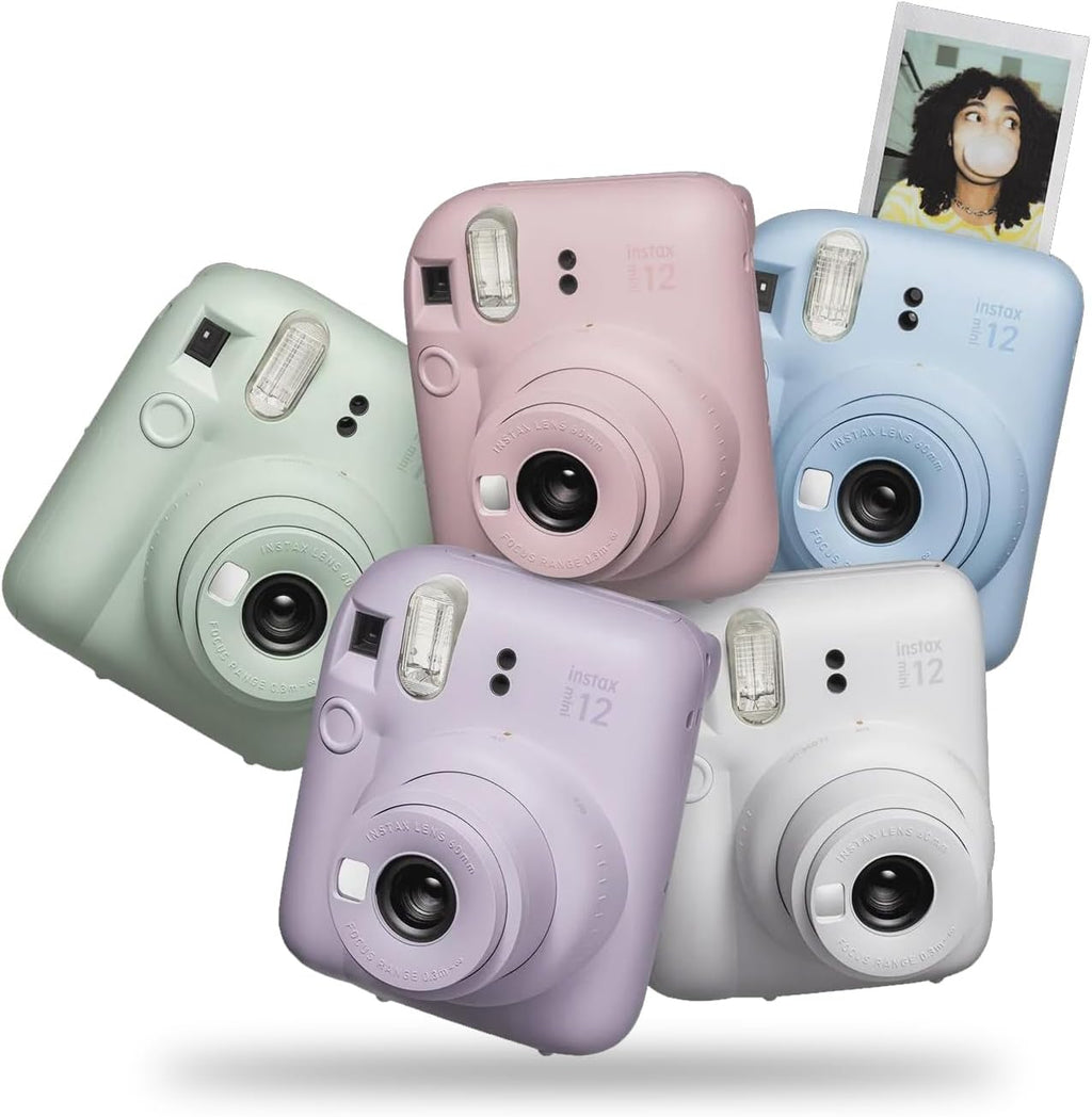 Fujifilm Instax Mini 12 Instant Camera + MiniMate Accessory Bundle & Compatible Custom Case + Fuji Instax Film Value Pack (50 Sheets) Flamingo Designer Photo Album (Clay White)