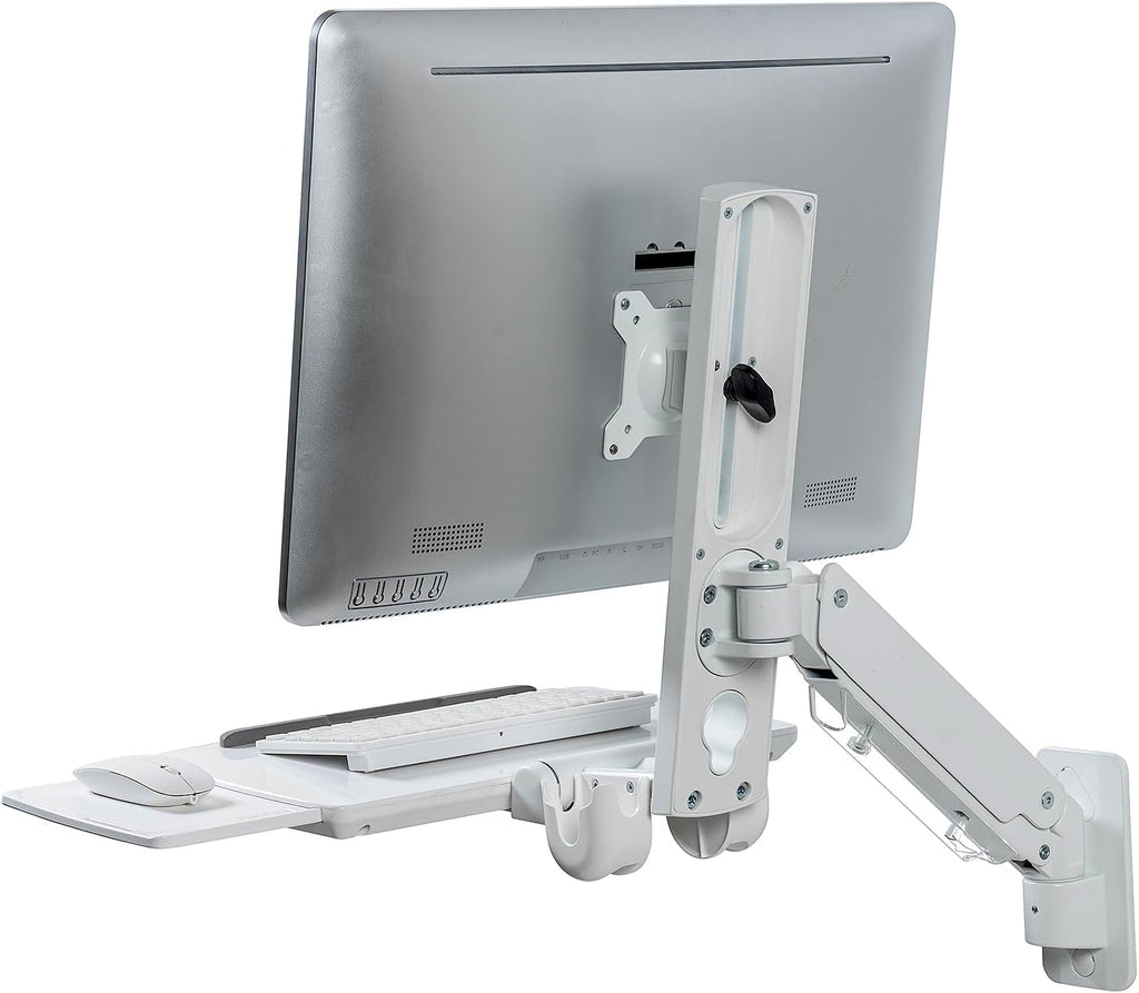 MyGift Wall Mounted White Metal Medical Grade Monitor Screen Workstation with Height Adjustable Arm, Keyboard & Extension Tray & Mouse Holder for Healthcare and Dental Clinics, Fits up to 35' Monitor