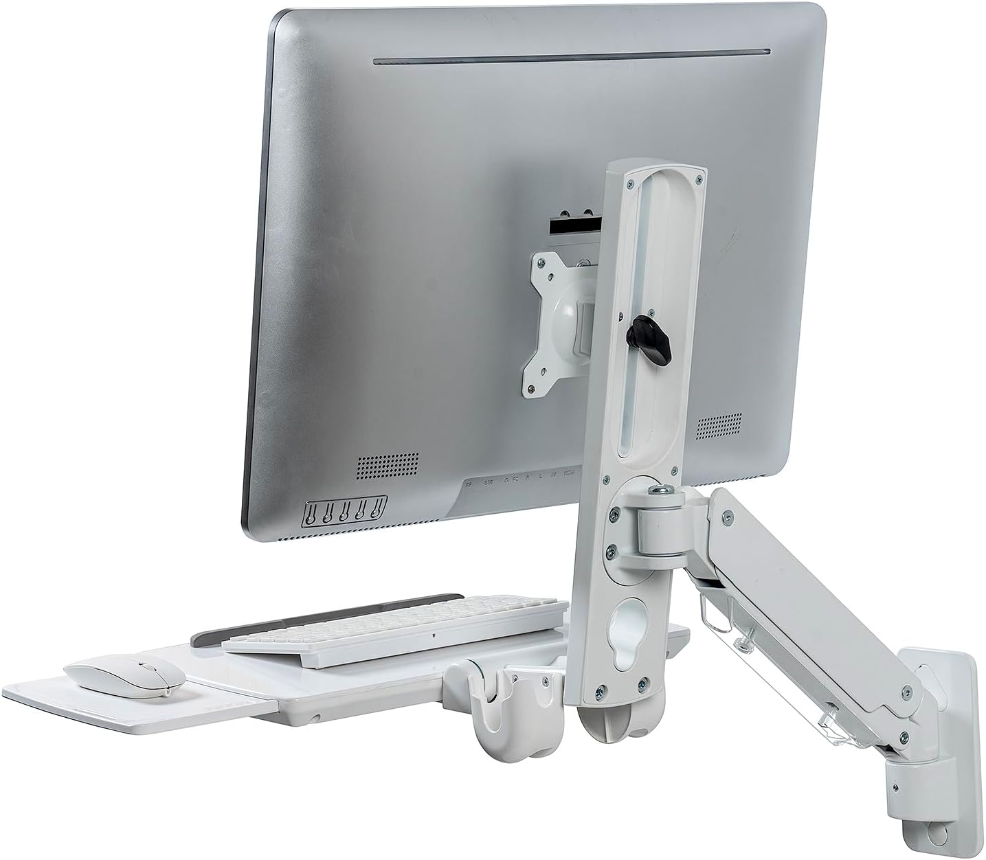 MyGift Wall Mounted White Metal Medical Grade Monitor Screen Workstation with Height Adjustable Arm, Keyboard & Extension Tray & Mouse Holder for Healthcare and Dental Clinics, Fits up to 35' Monitor