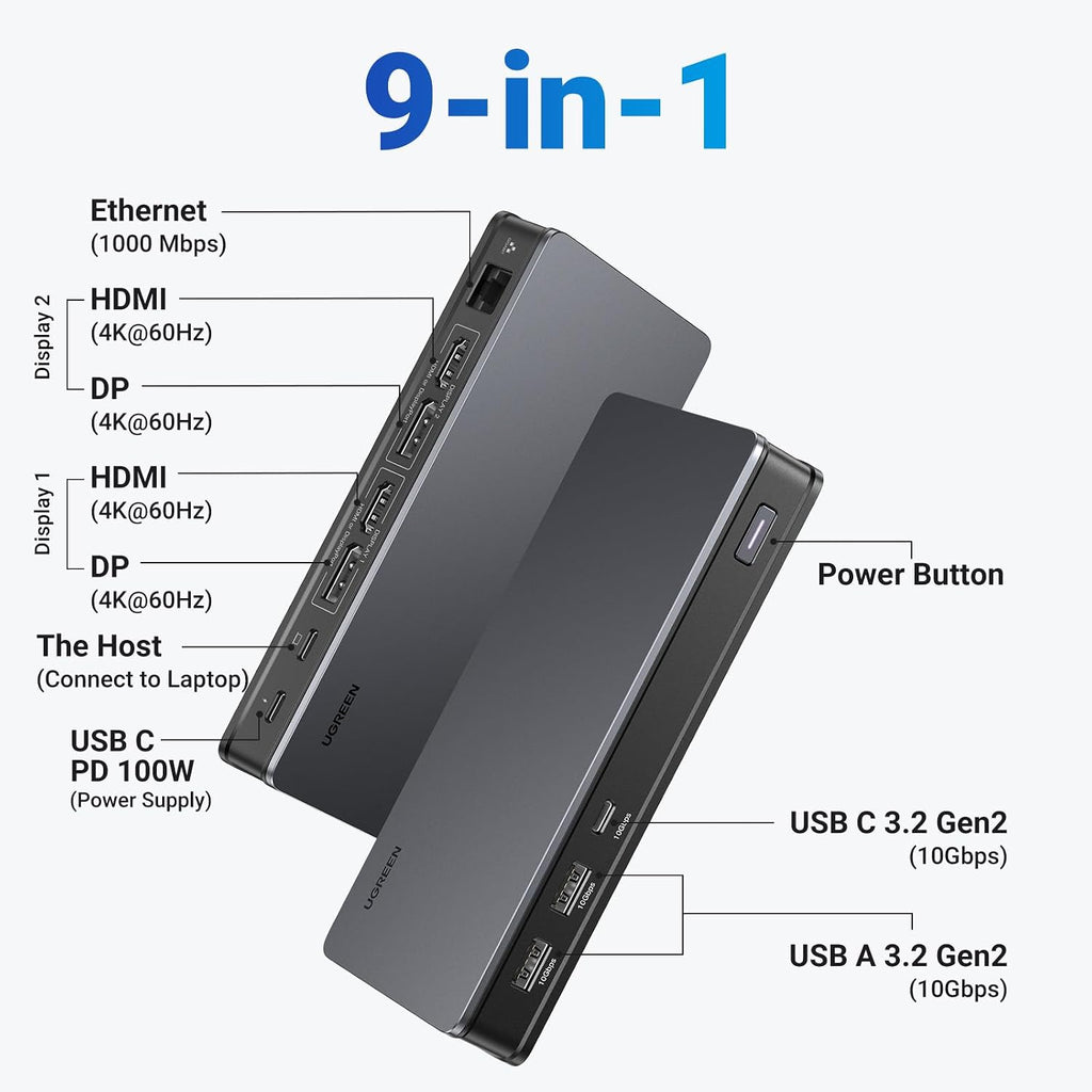 UGREEN USB C Docking Station, DisplayLink 9-in-1,Revodok Pro 209,Dual 4K@60hz Monitor Dock for MacBook & Windows with 2 DP & 2 HDMI, 10 Gbps USB C & USB-A Data Ports, 100W PD, Gigabit Ethernet
