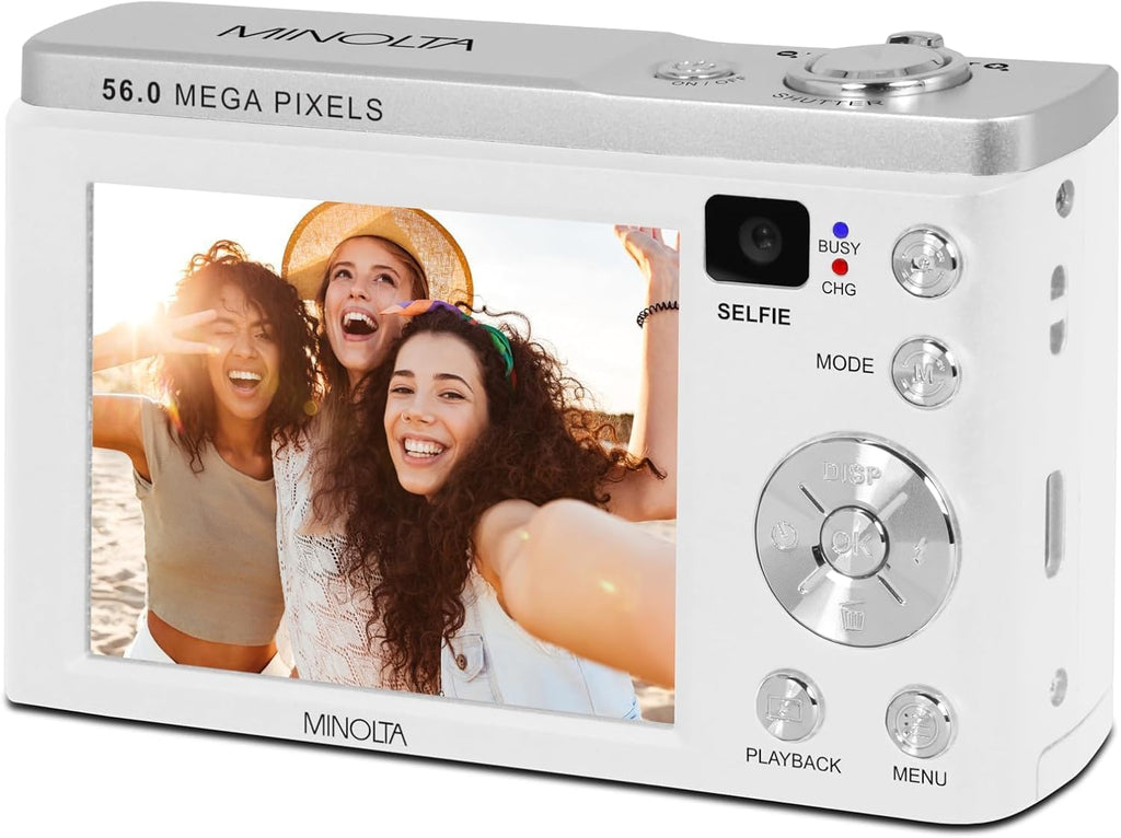 Minolta MNB5Z 56MP Dual Lens Point & Shoot Digital Camera with 5X Optical Zoom & 5K Ultra HD Video Bundle with 32GB Memory Card + Vlogger Tripod + Bag + 6Ave Cleaning Kit + More Accessories (White)