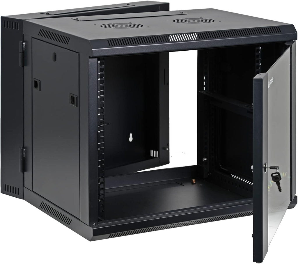 AEONS 9U Professional Wall Mount Server Cabinet Enclosure Double Section Hinged Swing Out 19-Inch Server Network Rack with Locking Glass Door Black (Fully Assembled)