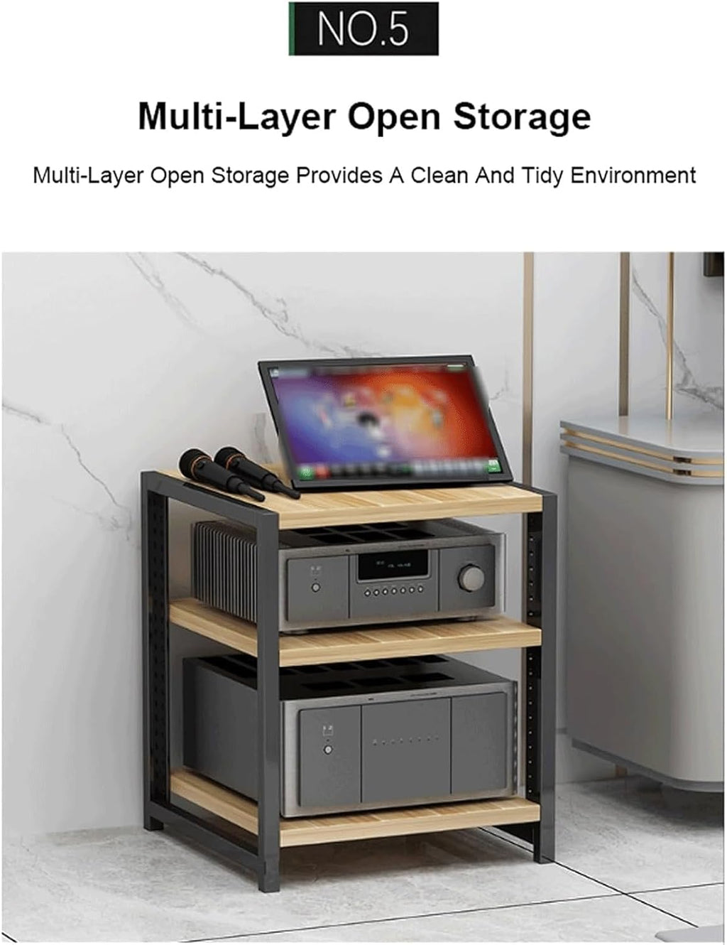 Audio Rack 3/4/5/6 Tier Stereo Rack Audio Equipment Rack Audio Open Rack Cabinet Wooden with Adjustable Shelves AV Stand Waterproof(Nero,6 Tier)