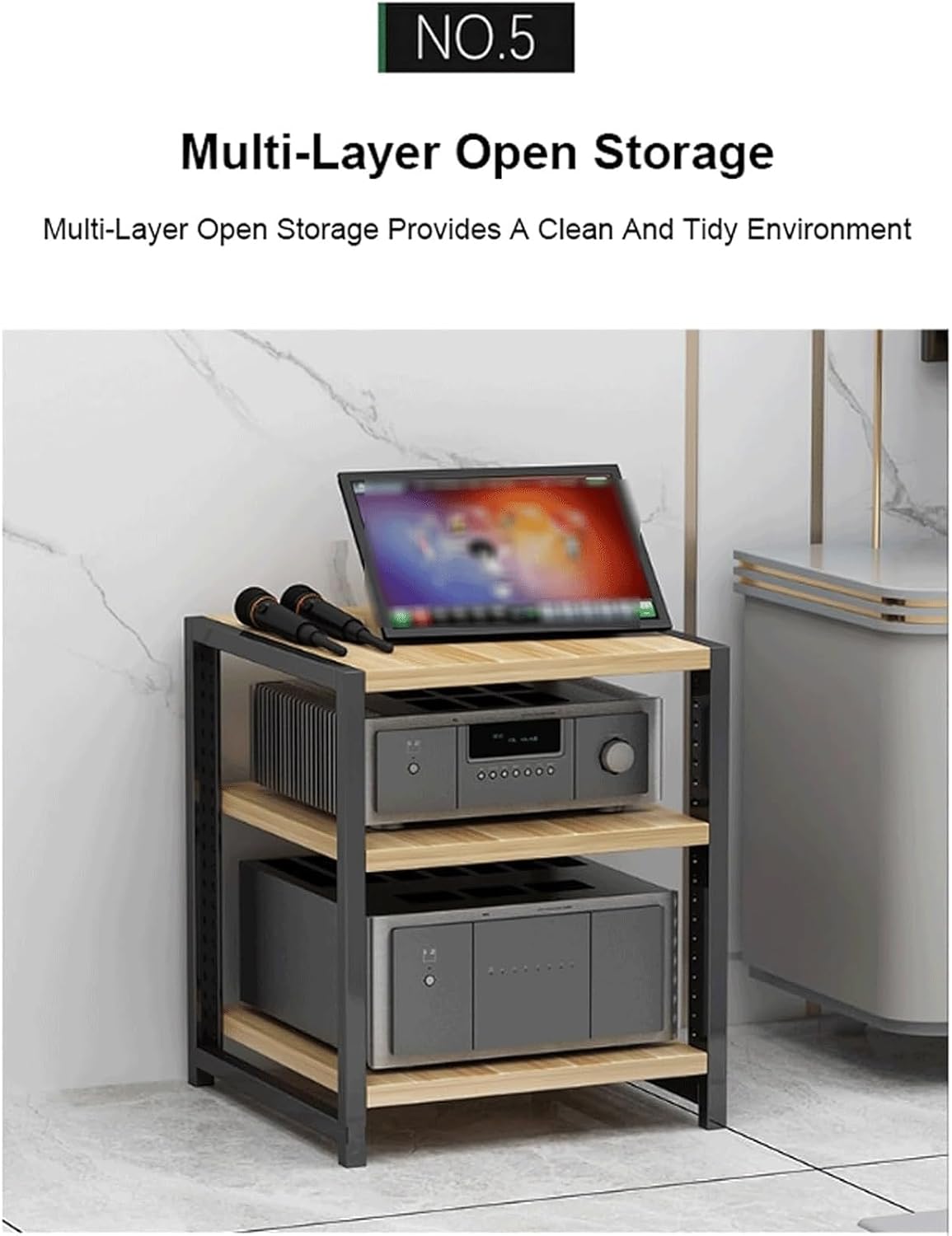 Audio Rack 3/4/5/6 Tier Stereo Rack Audio Equipment Rack Audio Open Rack Cabinet Wooden with Adjustable Shelves AV Stand Waterproof(Nero,6 Tier)