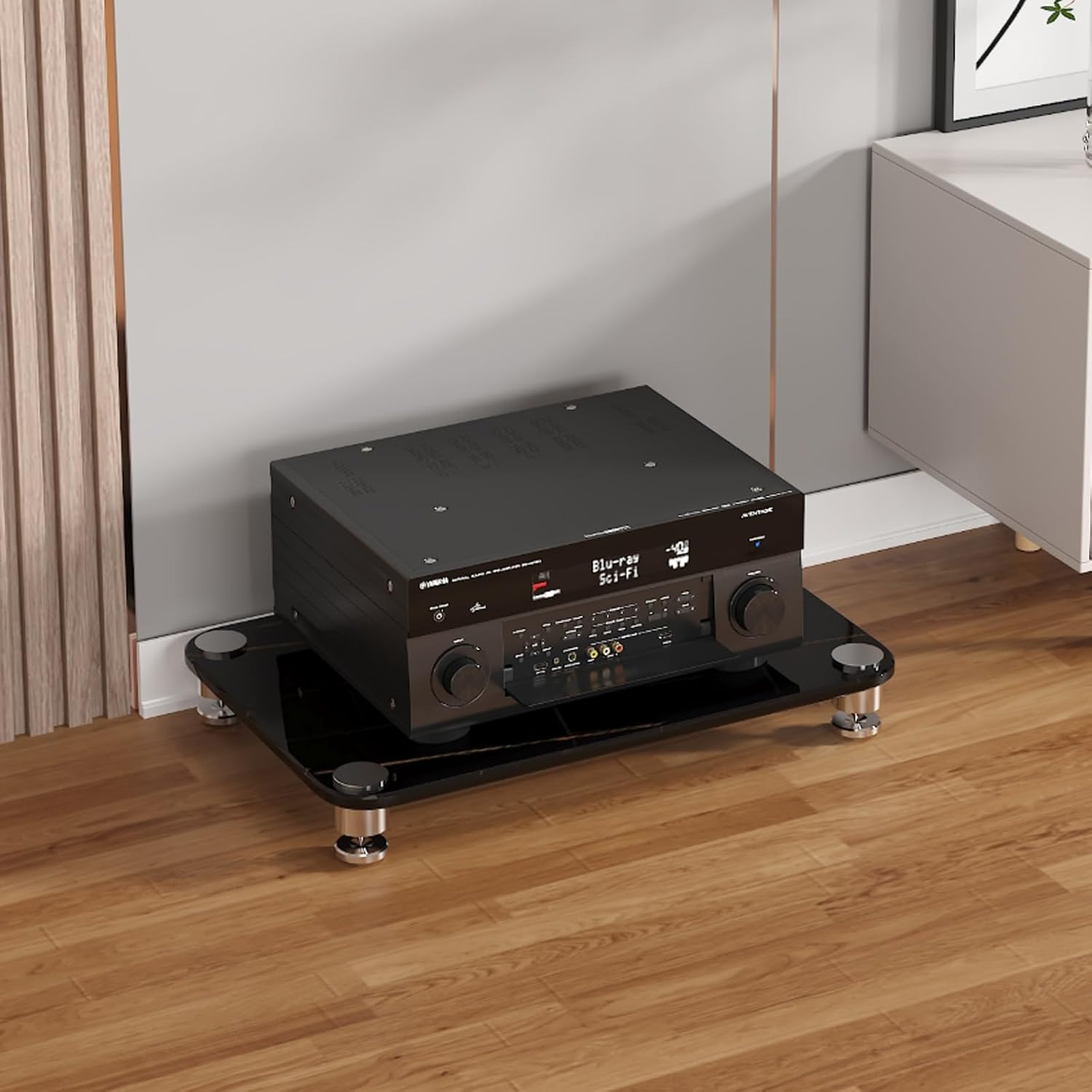 1/2/3/4 Tier AV Video Media Rack Stand,Tempered Glass Panel,Audio Media Storage Cabinet with Stainless Steel Legs,Solid Beech infill,Alloy Shock-Absorbing feet(Black,1-Tier)