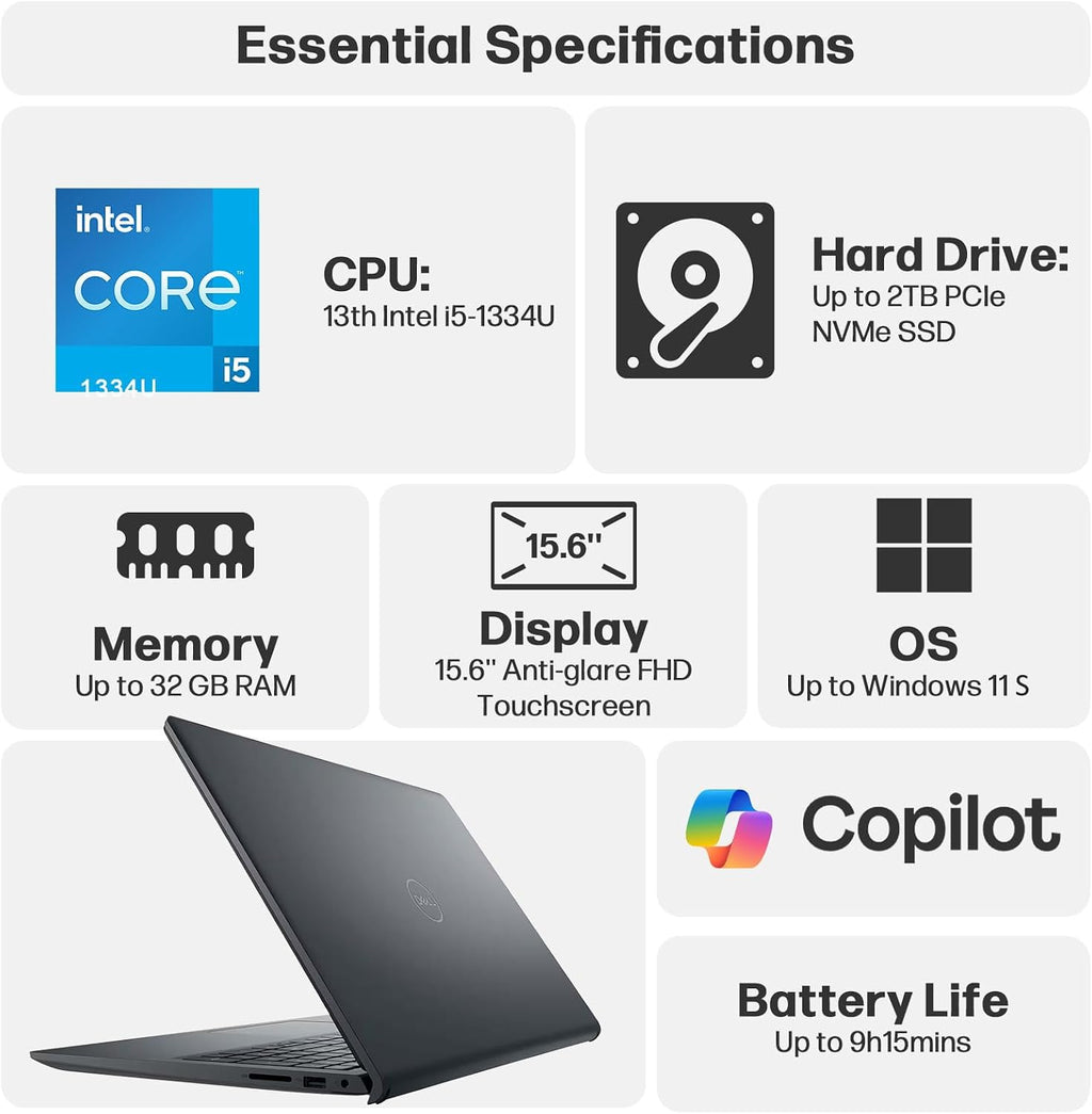 Dell Inspiron 15.6' FHD Touchscreen Laptop Computer, 13th Gen Intel 10-Core i5-1334U, 32GB DDR4 RAM, 1TB PCIe SSD, WiFi 6, Bluetooth, Type-C, HDMI, Black, Windows 11 Home