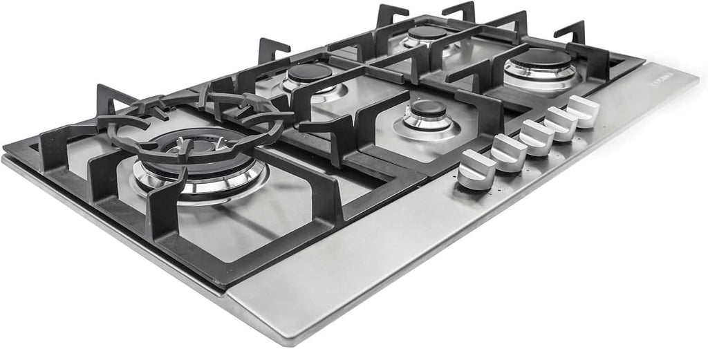 COSMO 850SLTX-E 30 in. Gas Cooktop with 5 Burners, Counter-Top Cooker with Cast Iron Grate Stove-Top, Melt-Proof Metal Knobs in Stainless Steel