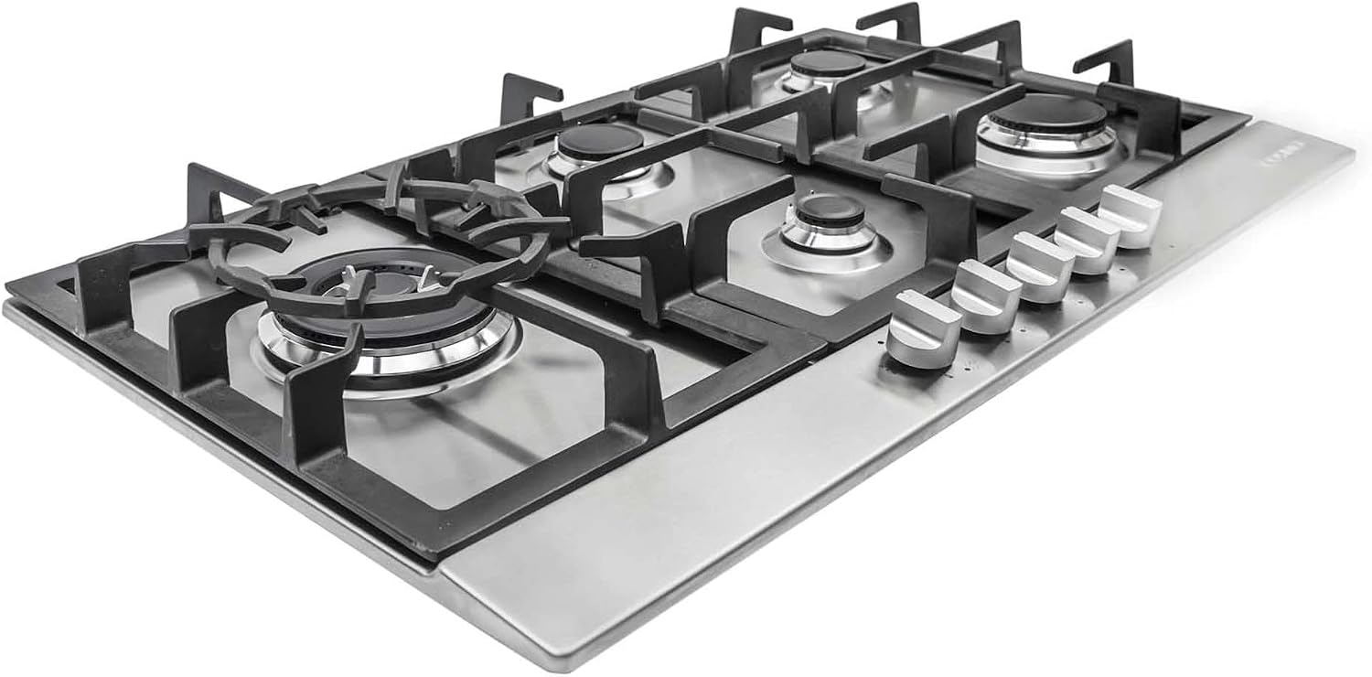 COSMO 850SLTX-E 30 in. Gas Cooktop with 5 Burners, Counter-Top Cooker with Cast Iron Grate Stove-Top, Melt-Proof Metal Knobs in Stainless Steel