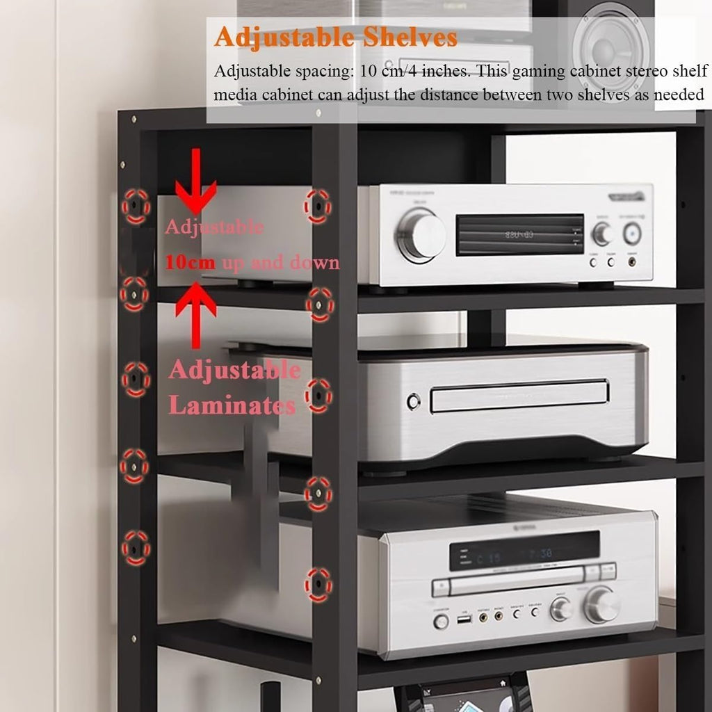 7 Tier 55 Inch Tall Audio Equipment Rack Rolling Cart Large Stereo Cabinets Turntable Record Player Shelf AV Media Tower With Storage Ideal for Office Home Bedroom Living Room White Color Op