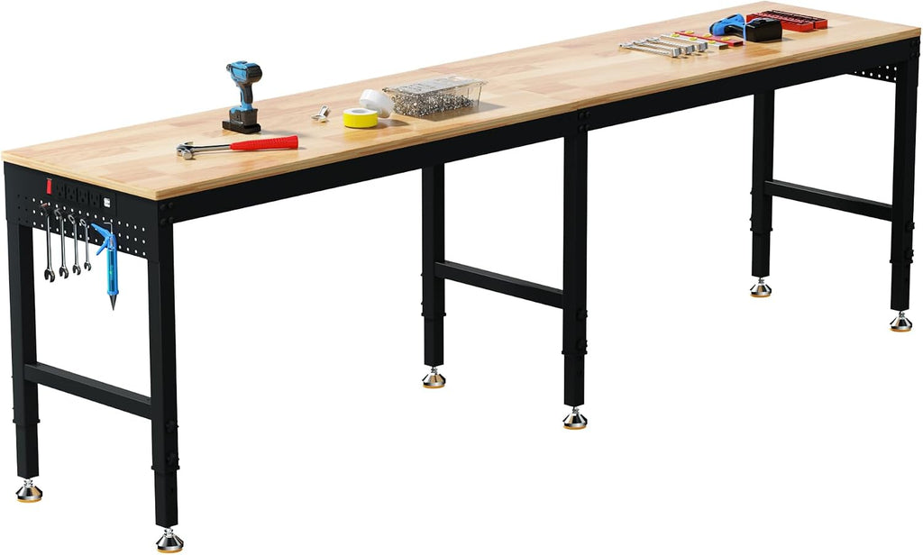 Betterhood 96' Adjustable Workbench, 5000 LBS Heavy Duty Work Table with Power Outlets & Pegboard, Rubber Wood Workstation for Garage, Workshop, Office, Home, Commercial