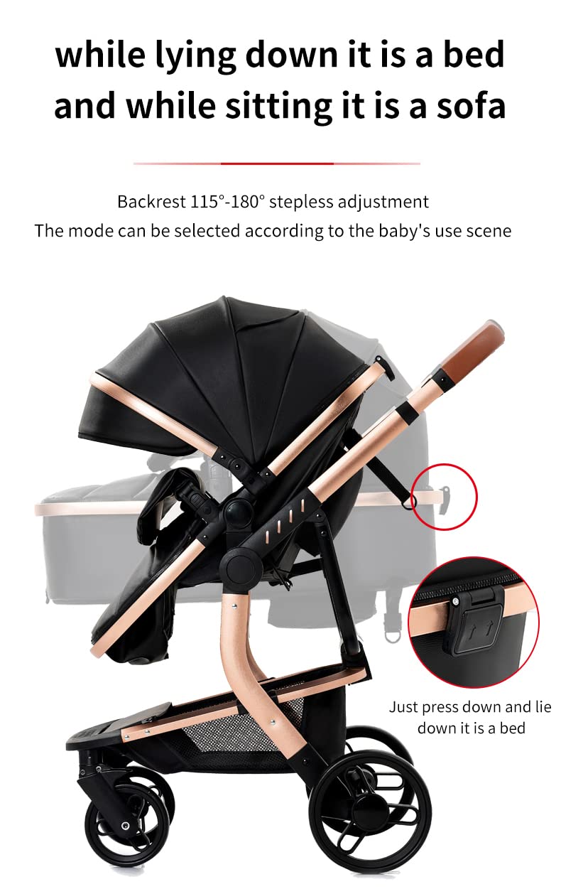 PU Leather 2 in 1 Baby Stroller, Convertible Pram, Reversible Standard Stroller, Portable Buggy, Infant Carriage, Foldable High Landscape Pushchair Toddler Newborn (2US518-White)