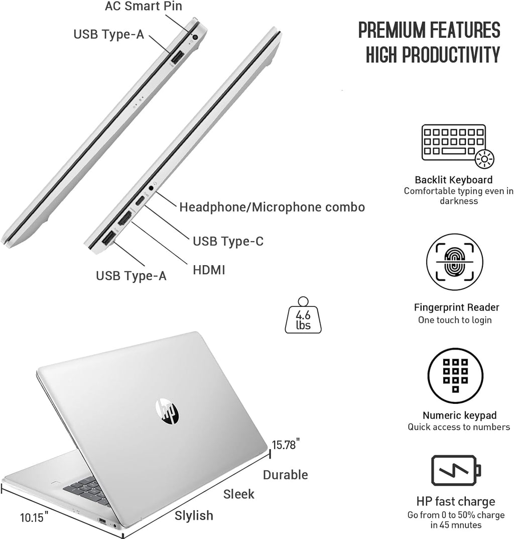 HP 17 Inch Laptop Touchscreen Computer, 17.3 HD+ Touch Screen Business Laptop, Intel Core i7, 64GB RAM 2TB SSD, Windows 11 Pro, Backlit Keyboard, Fingerprint