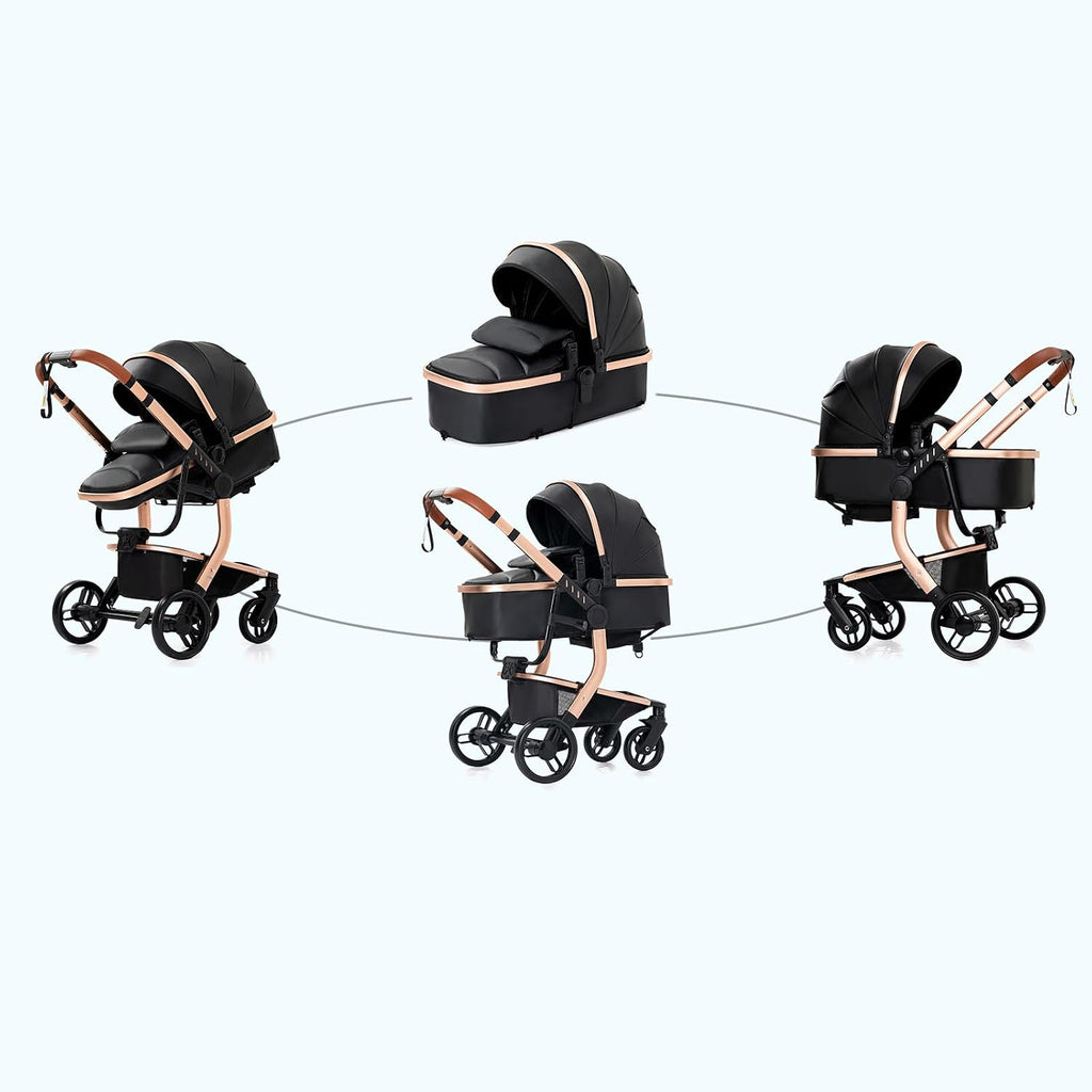 PU Leather 2 in 1 Baby Stroller, Convertible Pram, Reversible Standard Stroller, Portable Buggy, Infant Carriage, Foldable High Landscape Pushchair Toddler Newborn (2US518-Grey)