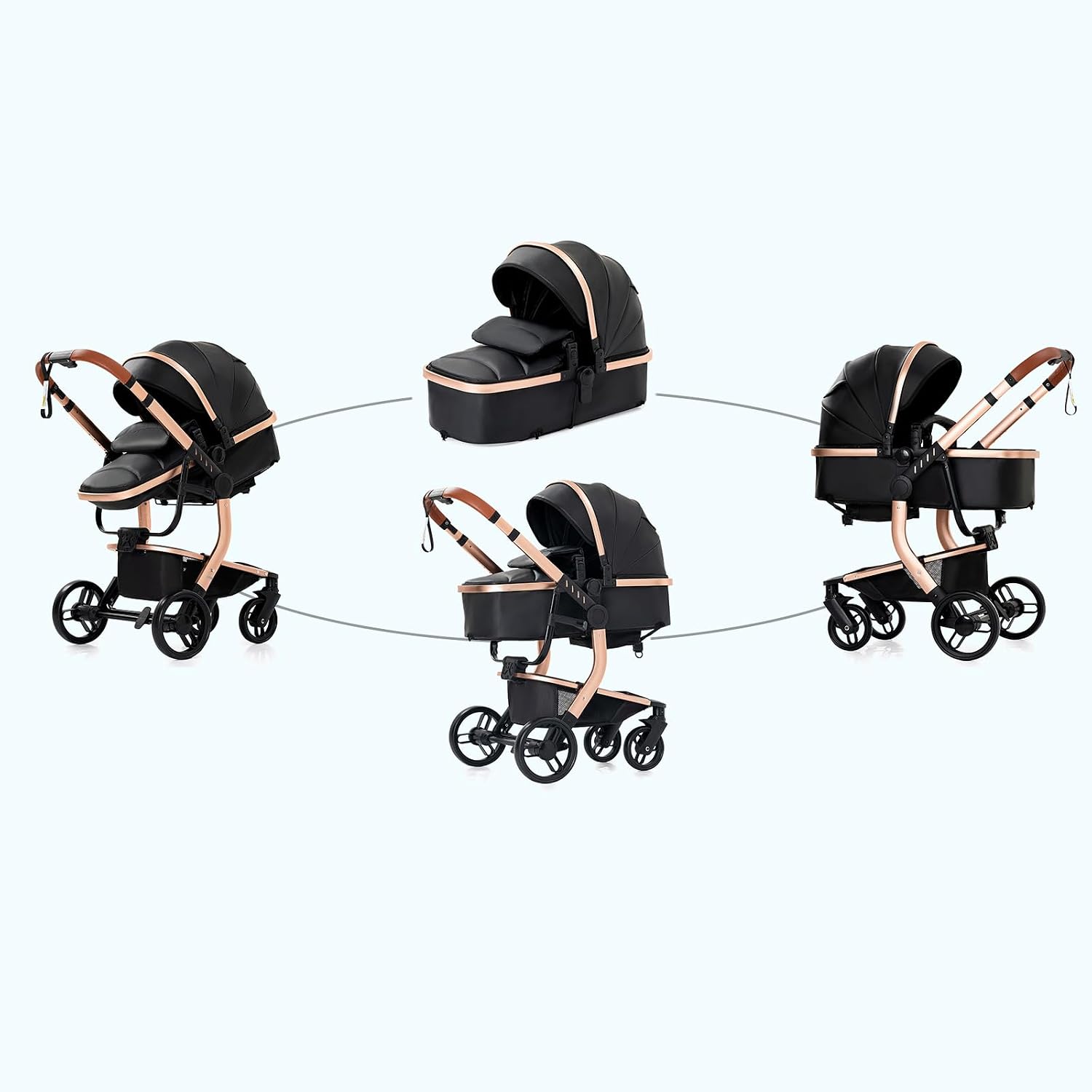 PU Leather 2 in 1 Baby Stroller, Convertible Pram, Reversible Standard Stroller, Portable Buggy, Infant Carriage, Foldable High Landscape Pushchair Toddler Newborn (2US518-Grey)
