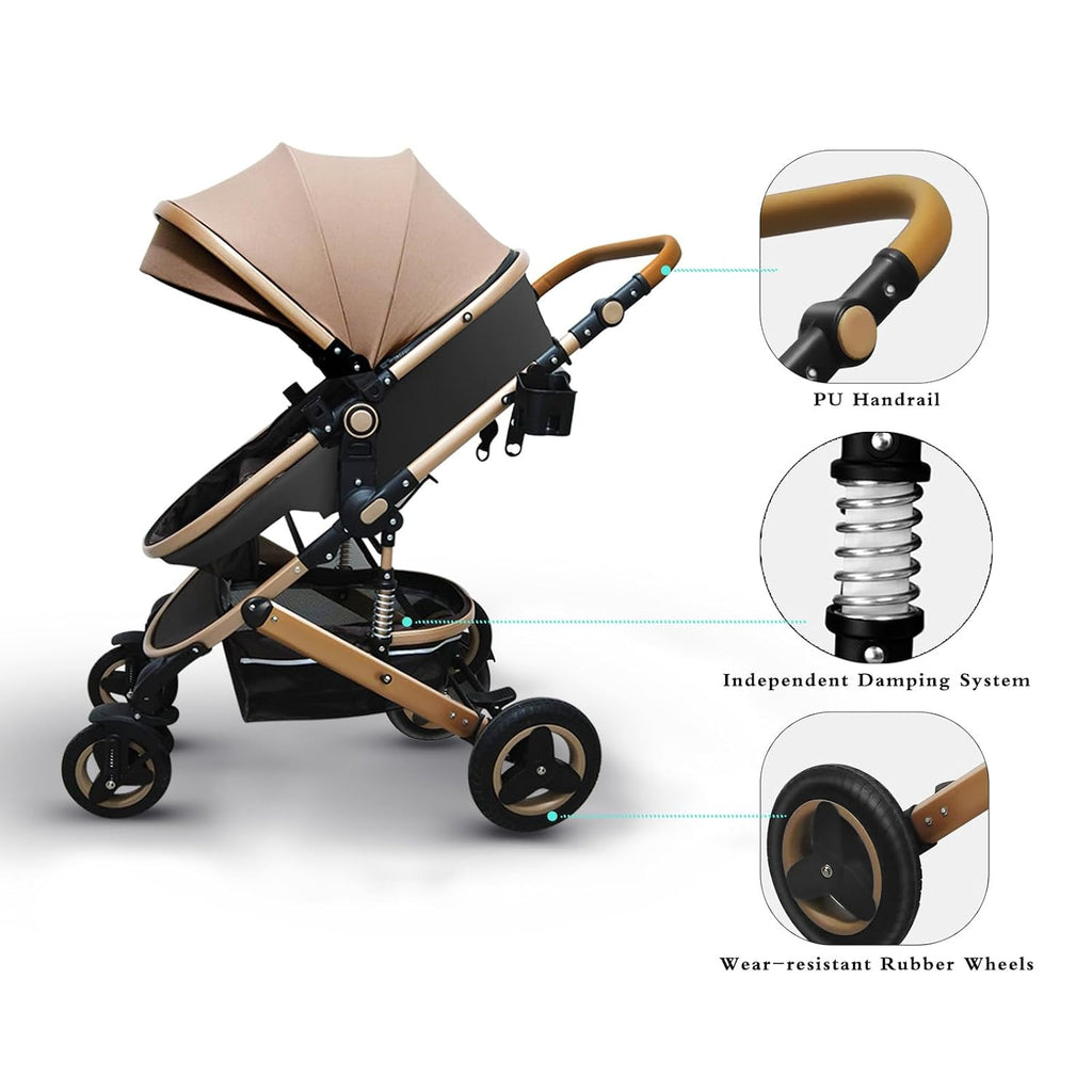Convertible Baby Stroller with Sleep Recline Sitting Modes Foldable Infant Stroller Reversible Newborn Travel Pram Baby Carriage with Big Rubber Wheels (Pink)