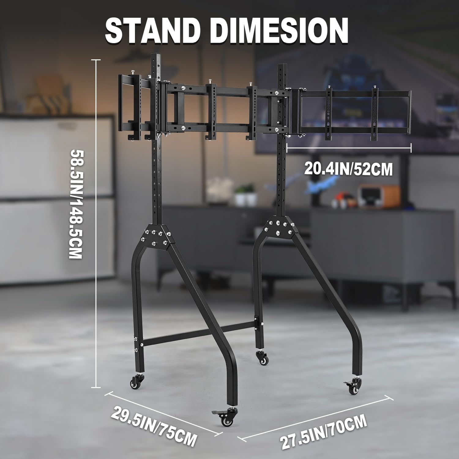 Marada Sim Racing Triple Monitor Stand with Wheels Compatible with 27/32-inch Displays Height and Tilt Adjustable, A-Frame Base for Flight & Driving Simulator Cockpit Rig