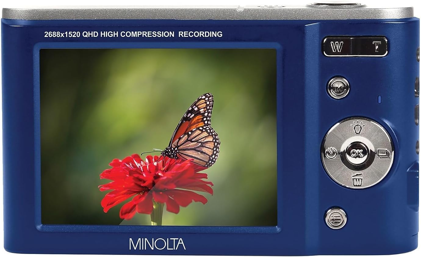 Minolta MND20 44 MP / 2.7K Quad HD Digital Camera (Blue) + 32GB Memory Card + 12 inch Flexible Tripod + Memory Card Wallet + USB Card Reader, SD/microSD + More