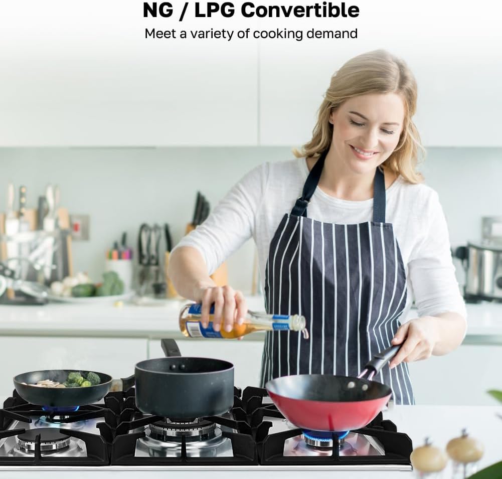 ThermoMate Light 30 Inch Gas Cooktop, Built In Gas Rangetop with 5 High Efficiency Burners, NG/LPG Convertible Stainless Steel Gas Stove Top with Thermocouple Protection, 120V AC